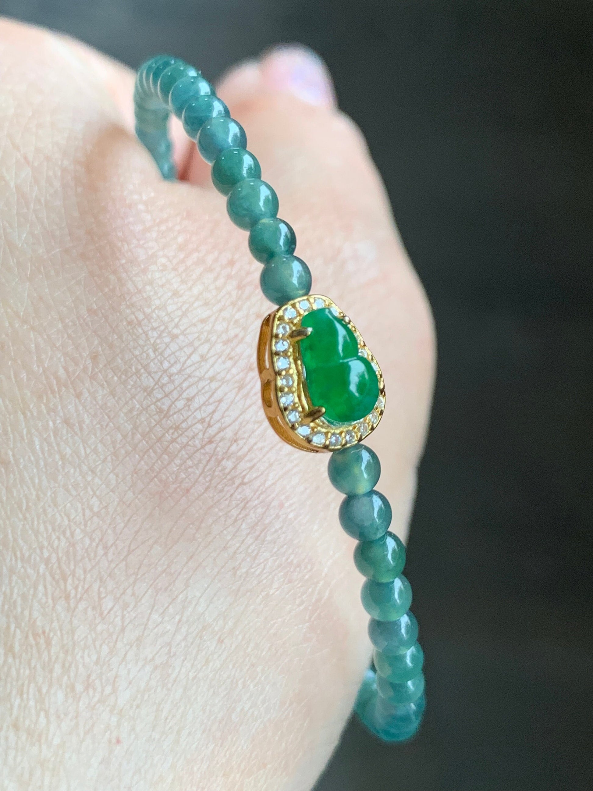 Natural Guatemalan Icy Translucent Vibrant Green Jadeite Gourd Deep Teal Blue Beads Wire Bracelet Sterling Silver 6.5”-7.5” 天然冰危绿翡翠葫芦深蓝珠银手链