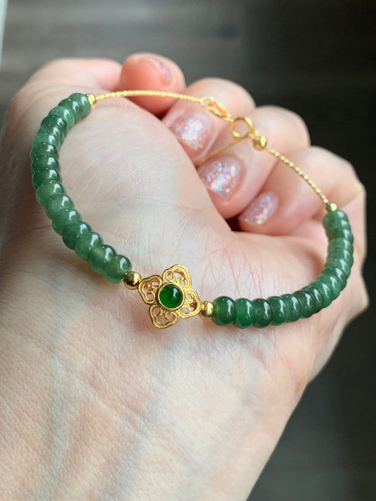 Natural Burmese Icy Green Jadeite Flat Beads Guatemalan Vibrant Green Charm Wire Bracelet Sterling Silver 6.5”-7.5” 天然缅甸冰绿翡翠算盘珠冰危绿潘多拉银手链