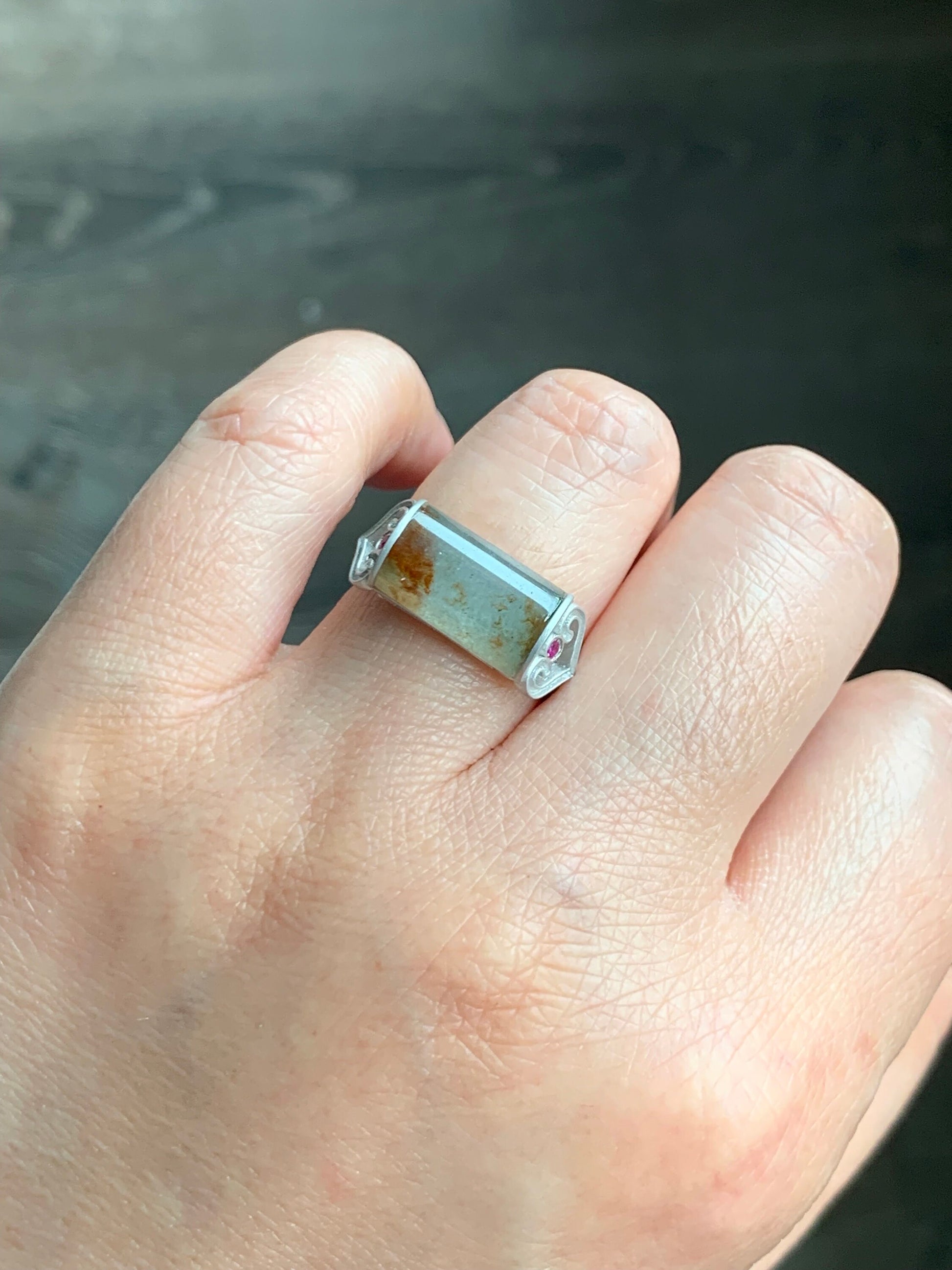 Certified Natural Burmese Light Green & Red Marbled Jadeite Saddle Ruby Ruyi Ring Sterling Silver Size 7.25 4.56g 天然缅甸冰晴飘红翡翠马鞍红宝石订制银镶戒指 7044