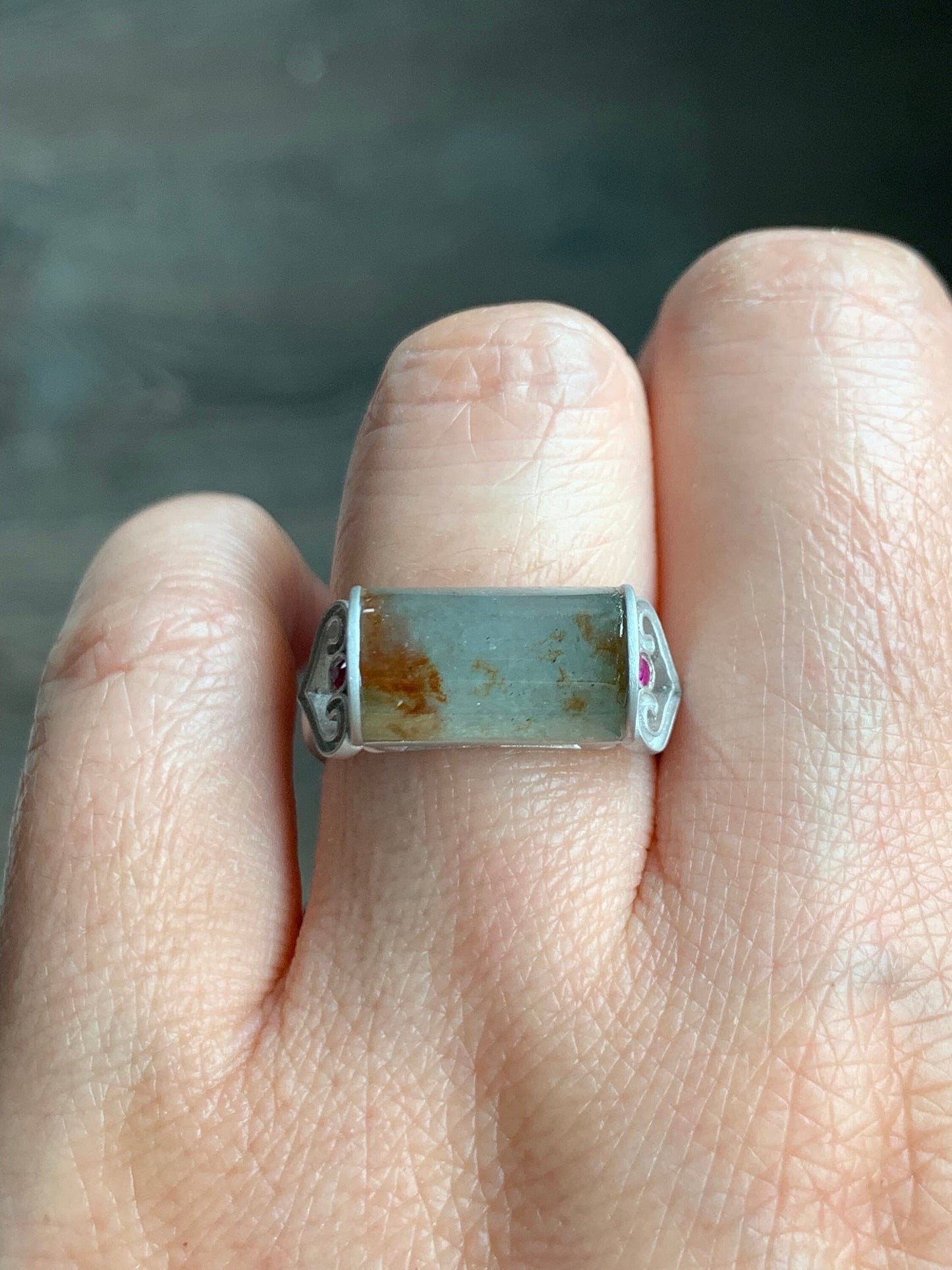 Certified Natural Burmese Light Green & Red Marbled Jadeite Saddle Ruby Ruyi Ring Sterling Silver Size 7.25 4.56g 天然缅甸冰晴飘红翡翠马鞍红宝石订制银镶戒指 7044