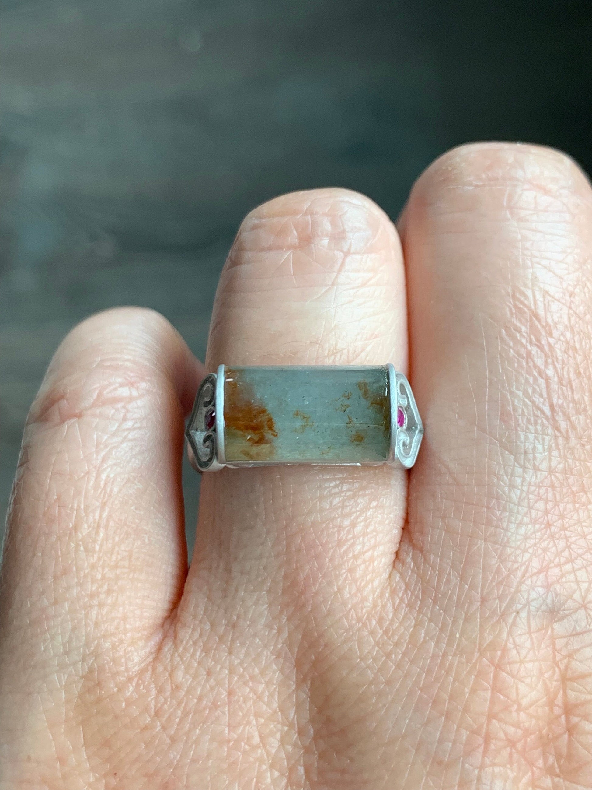 Certified Natural Burmese Light Green & Red Marbled Jadeite Saddle Ruby Ruyi Ring Sterling Silver Size 7.25 4.56g 天然缅甸冰晴飘红翡翠马鞍红宝石订制银镶戒指 7044