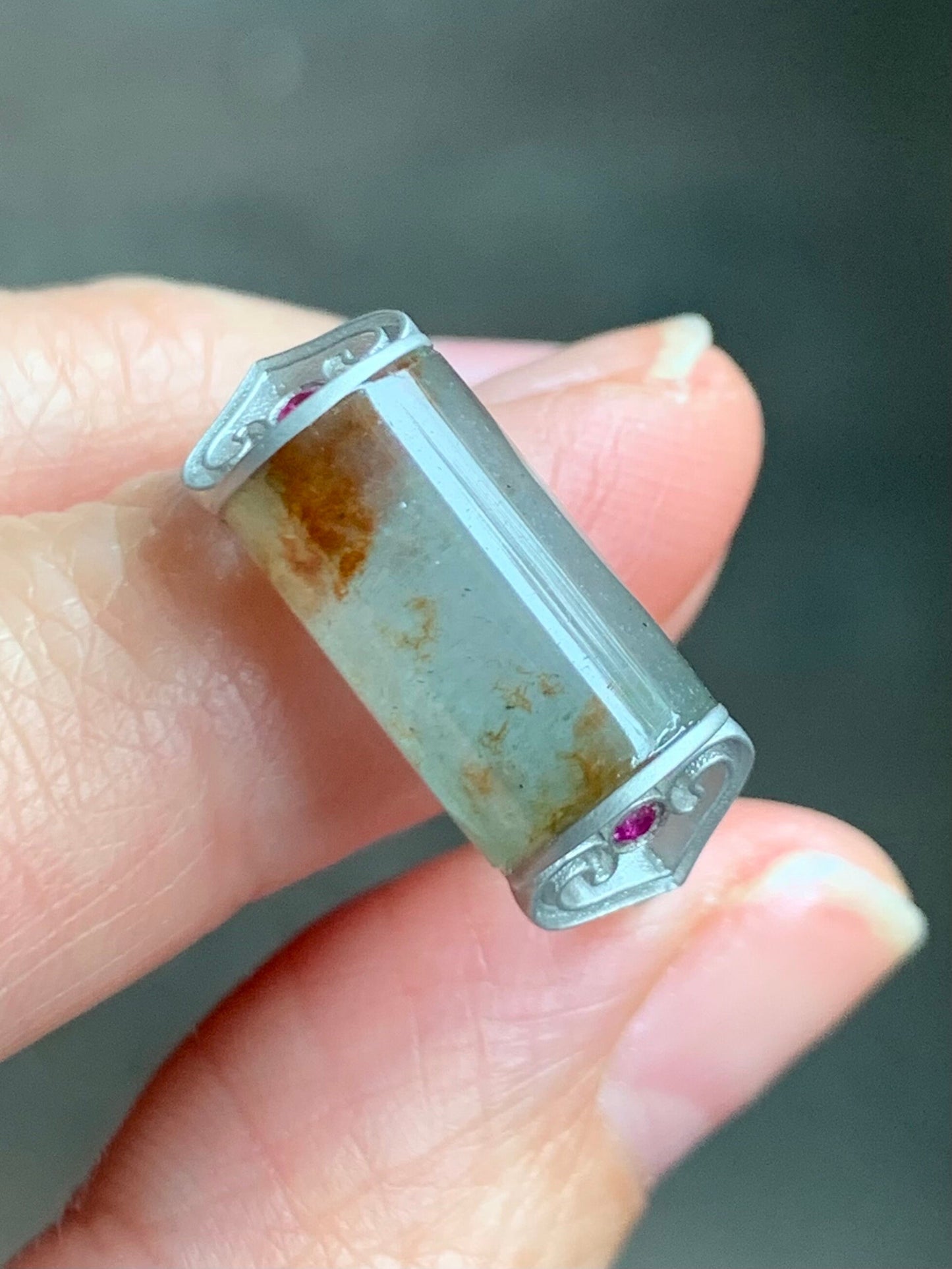Certified Natural Burmese Light Green & Red Marbled Jadeite Saddle Ruby Ruyi Ring Sterling Silver Size 7.25 4.56g 天然缅甸冰晴飘红翡翠马鞍红宝石订制银镶戒指 7044