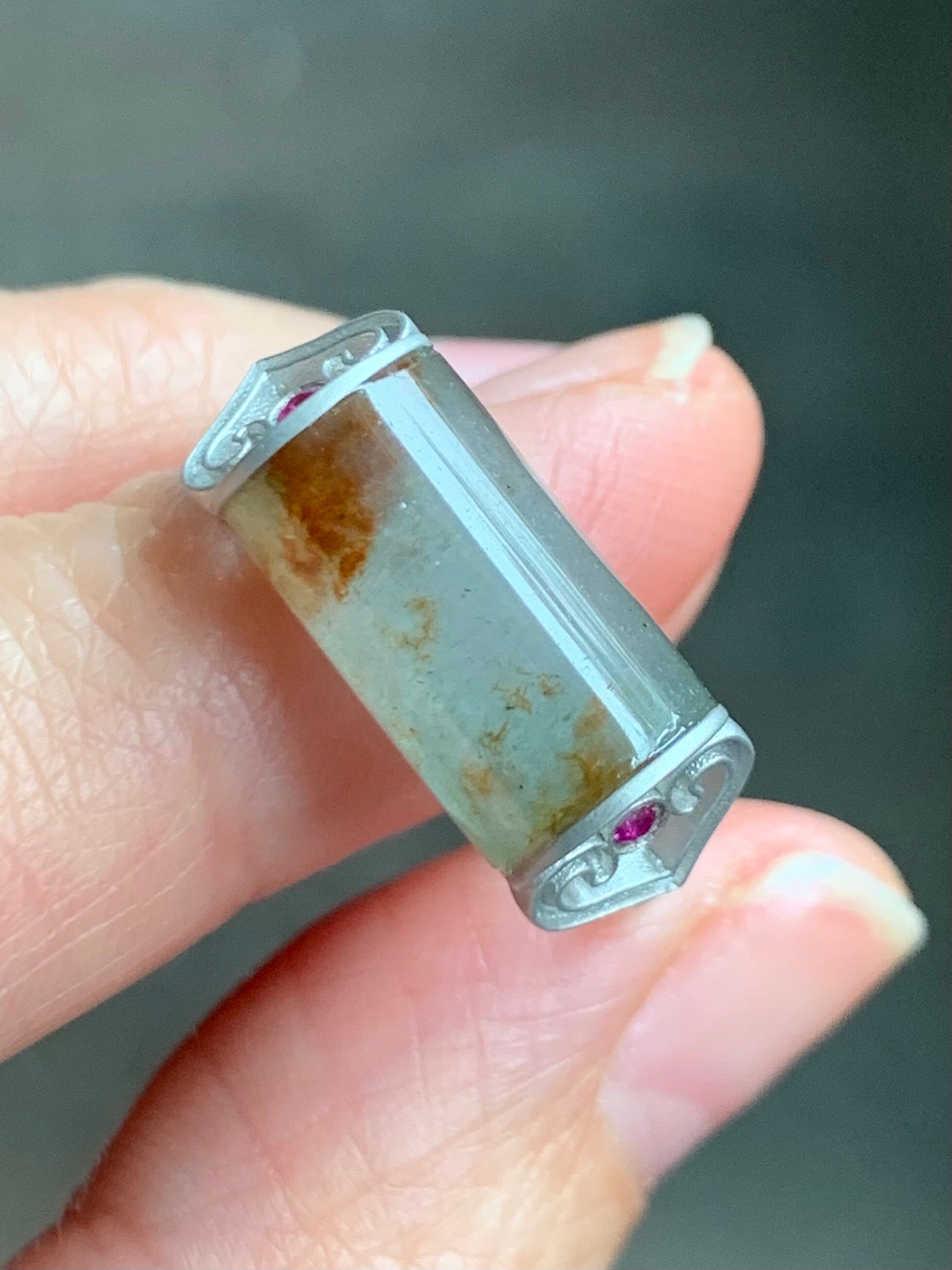 Certified Natural Burmese Light Green & Red Marbled Jadeite Saddle Ruby Ruyi Ring Sterling Silver Size 7.25 4.56g 天然缅甸冰晴飘红翡翠马鞍红宝石订制银镶戒指 7044