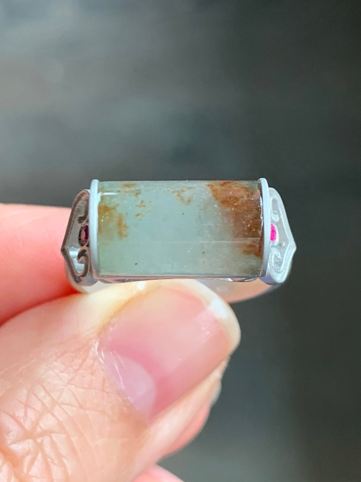 Certified Natural Burmese Light Green & Red Marbled Jadeite Saddle Ruby Ruyi Ring Sterling Silver Size 7.25 4.56g 天然缅甸冰晴飘红翡翠马鞍红宝石订制银镶戒指 7044