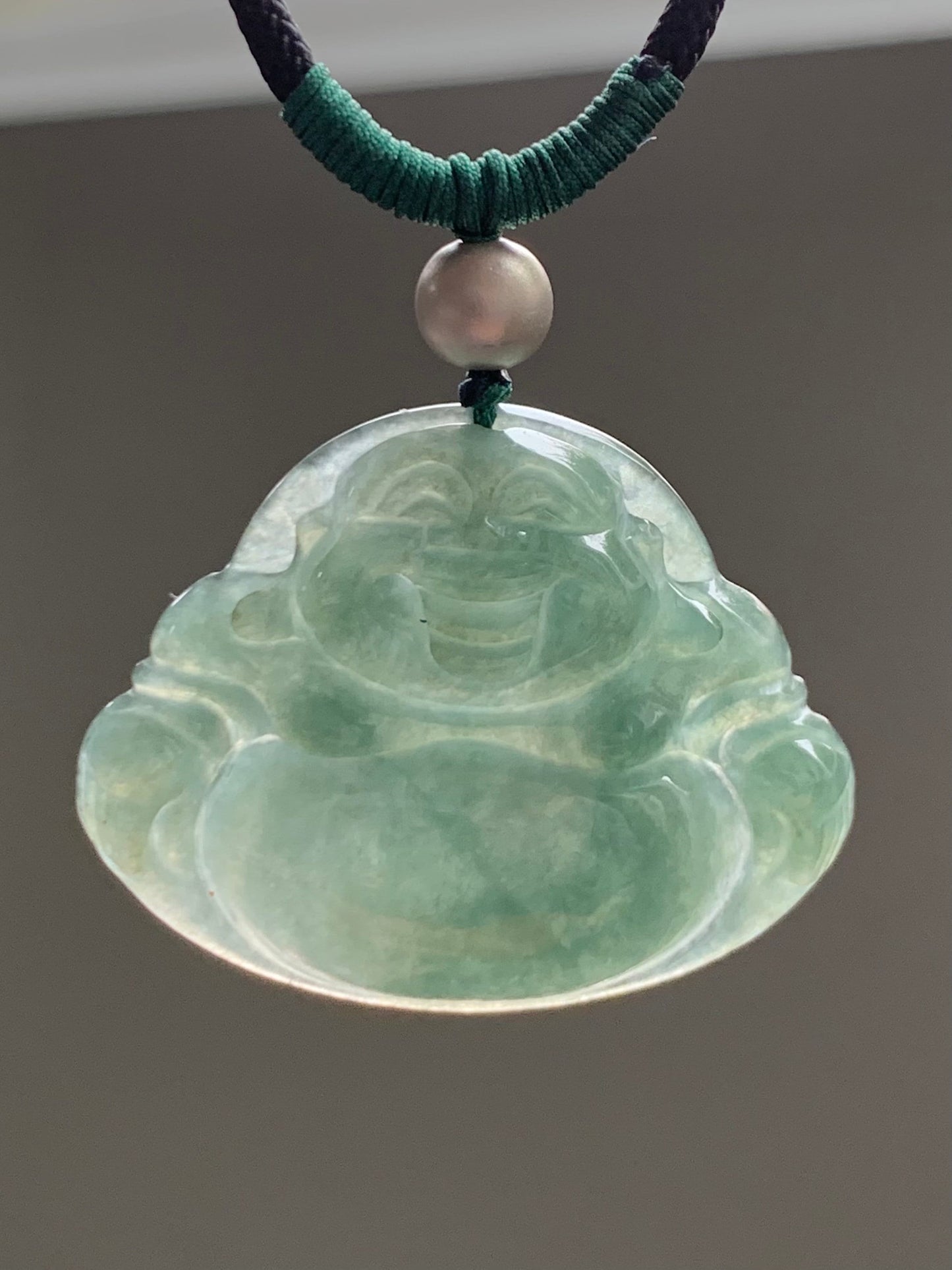 Natural Burmese Icy Translucent Gelatinous Dark "Tea" Green Jadeite Buddha Pendant Rope Necklace Sterling Silver 28” 天然缅甸老油青翡翠佛公吊坠 LYQ225D
