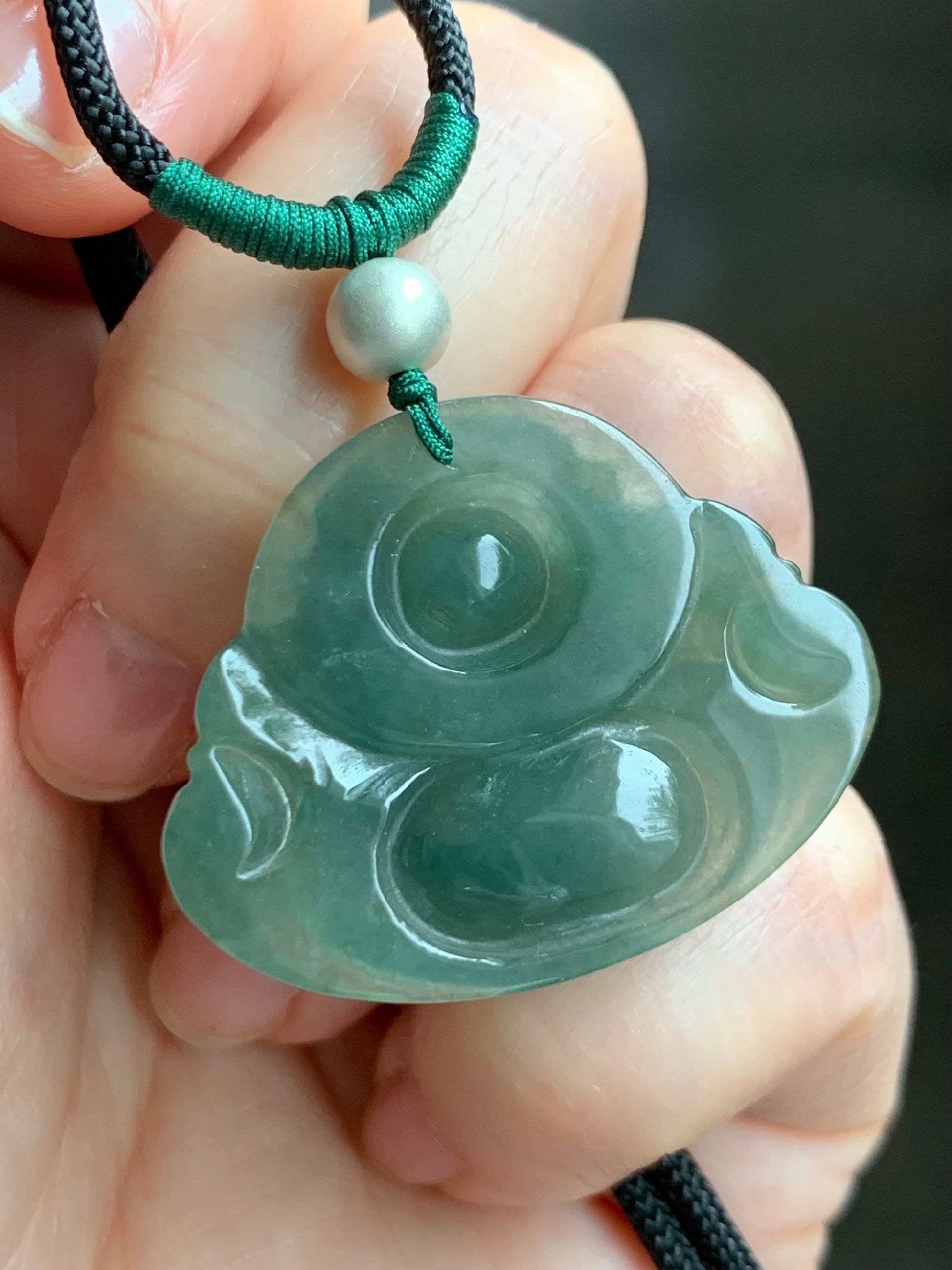 Natural Burmese Icy Translucent Gelatinous Dark "Tea" Green Jadeite Buddha Pendant Rope Necklace Sterling Silver 28” 天然缅甸老油青翡翠佛公吊坠 LYQ225D