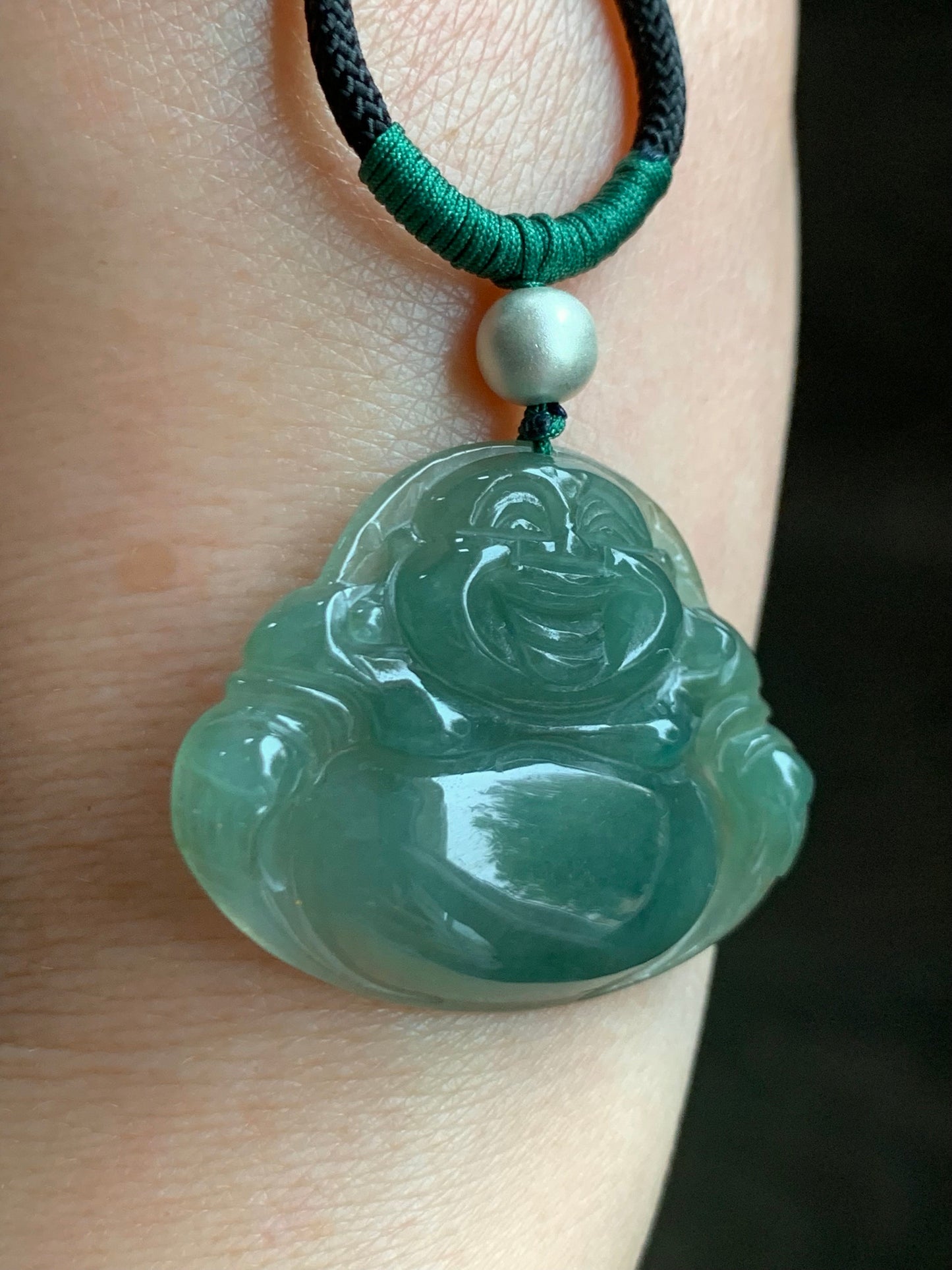 Natural Burmese Icy Translucent Gelatinous Dark "Tea" Green Jadeite Buddha Pendant Rope Necklace Sterling Silver 28” 天然缅甸老油青翡翠佛公吊坠 LYQ225D