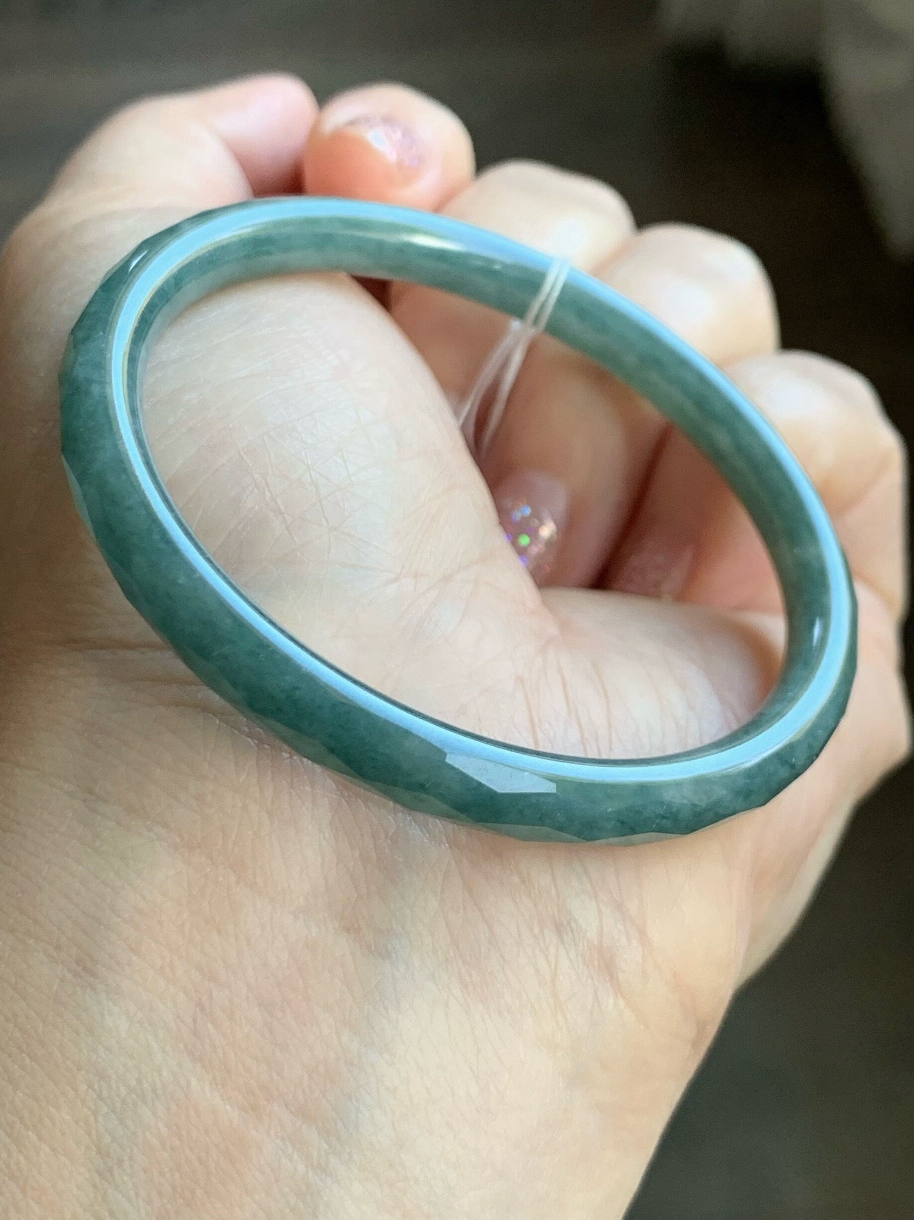 Certified Natural Guatemalan Icy Translucent Dusty Teal Blue Jadeite Diamond Faceted Bangle Bracelet 51.9mm 16.19 grams 天然冰危蓝翡翠细圆条切割面手镯 7103