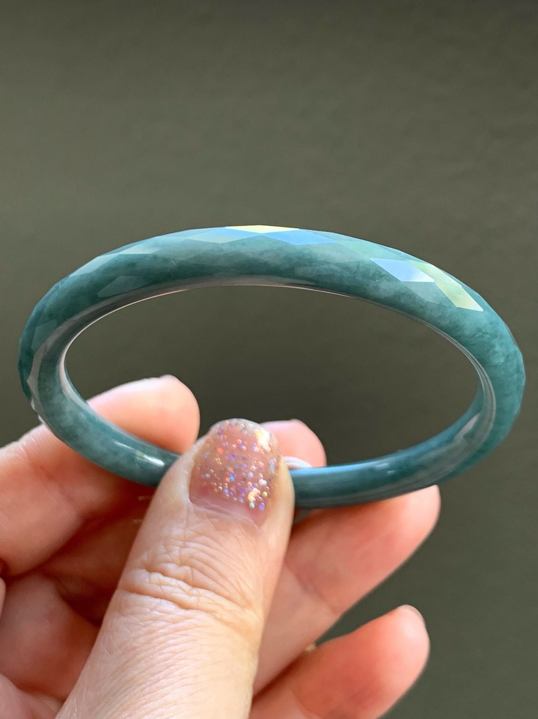 Certified Natural Guatemalan Icy Translucent Dusty Teal Blue Jadeite Diamond Faceted Bangle Bracelet 51.8mm 16.84 grams 天然冰危蓝翡翠细圆条切割面手镯 7102