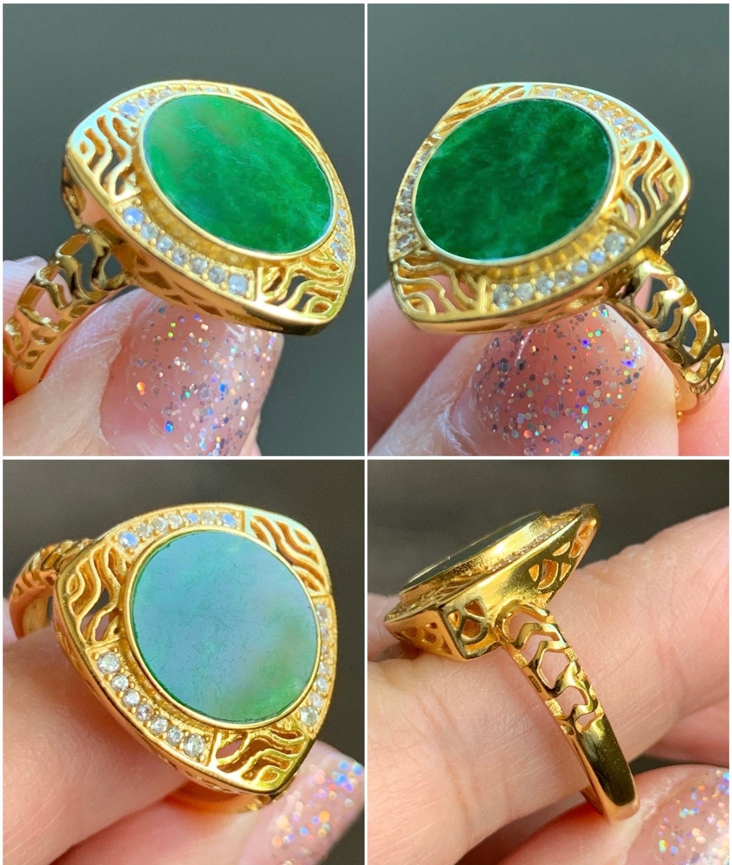 Natural Burmese Grade A Icy Translucent Vibrant Green Jadeite Triangle Ring S925 Sterling Silver Size 8 Adjustable 5g 天然缅甸阳绿花青翡翠银镶戒指 HQ150