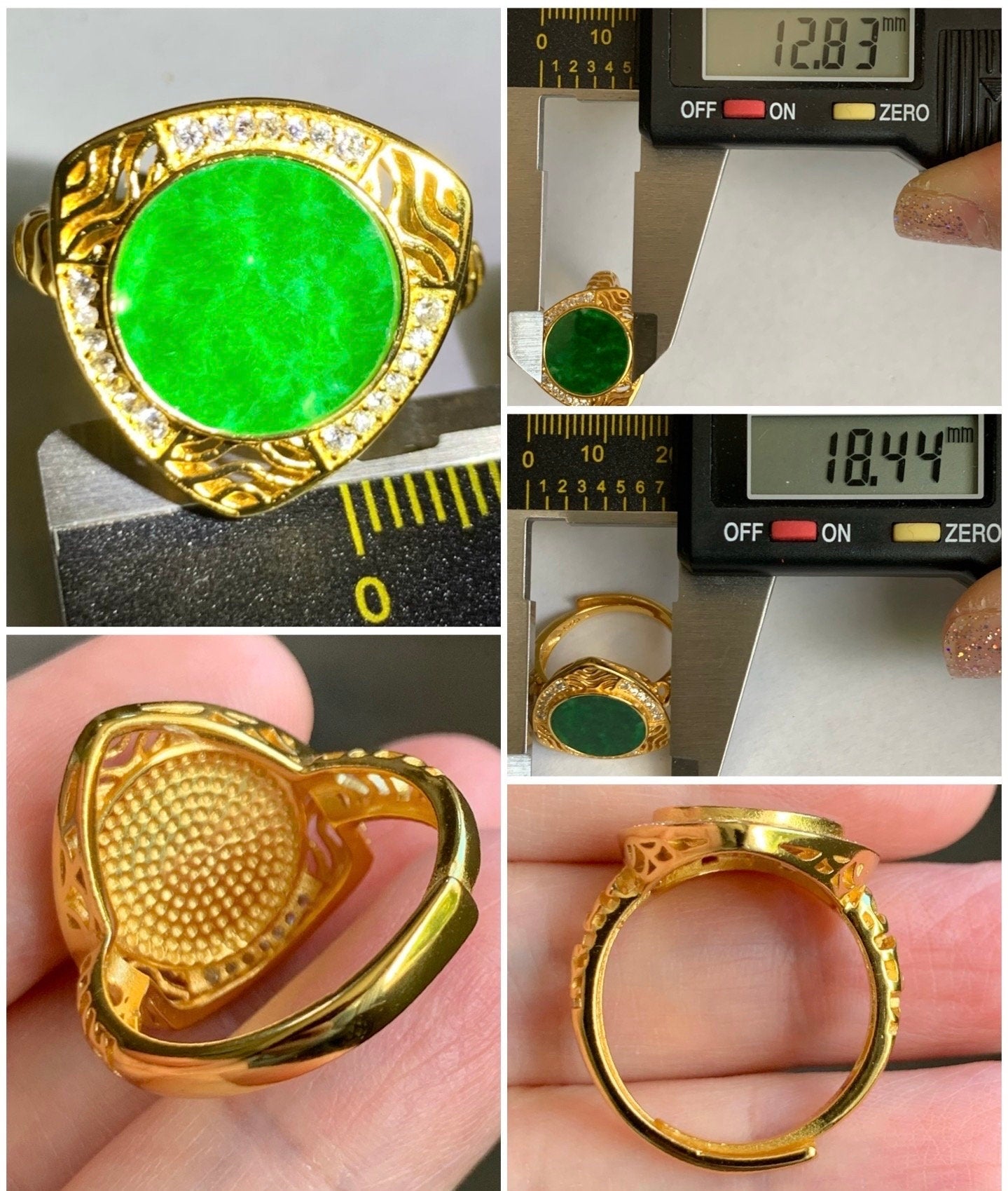 Natural Burmese Grade A Icy Translucent Vibrant Green Jadeite Triangle Ring S925 Sterling Silver Size 8 Adjustable 5g 天然缅甸阳绿花青翡翠银镶戒指 HQ150