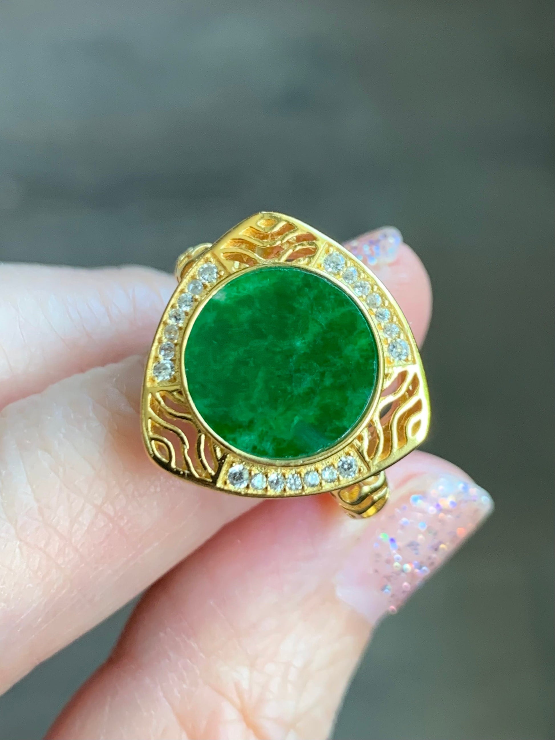 Natural Burmese Grade A Icy Translucent Vibrant Green Jadeite Triangle Ring S925 Sterling Silver Size 8 Adjustable 5g 天然缅甸阳绿花青翡翠银镶戒指 HQ150