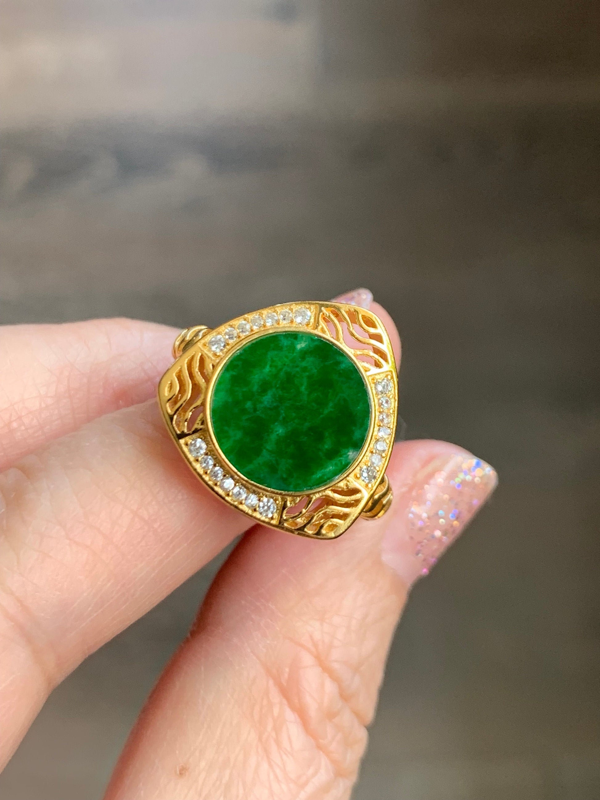Natural Burmese Grade A Icy Translucent Vibrant Green Jadeite Triangle Ring S925 Sterling Silver Size 8 Adjustable 5g 天然缅甸阳绿花青翡翠银镶戒指 HQ150