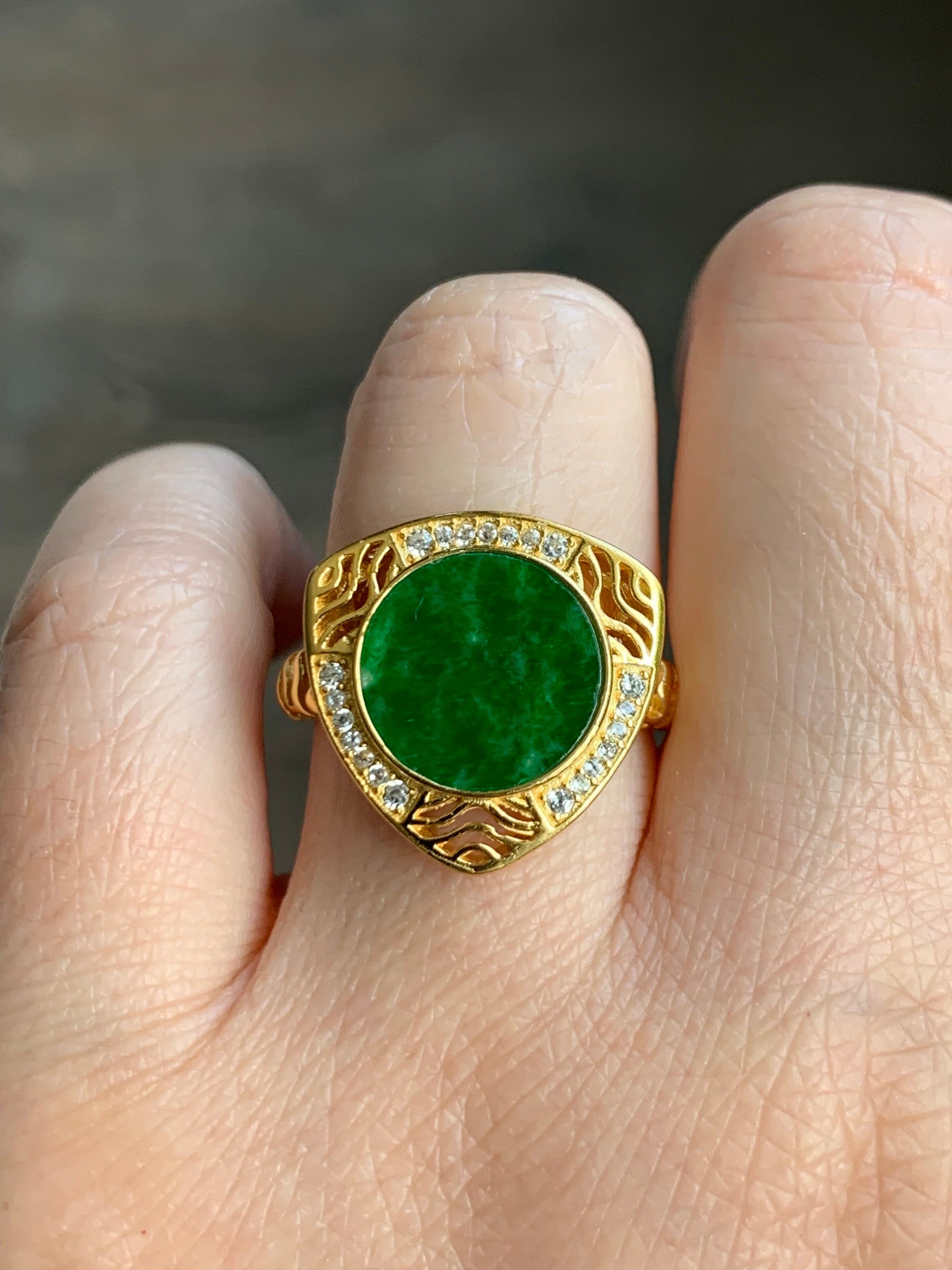 Natural Burmese Grade A Icy Translucent Vibrant Green Jadeite Triangle Ring S925 Sterling Silver Size 8 Adjustable 5g 天然缅甸阳绿花青翡翠银镶戒指 HQ150