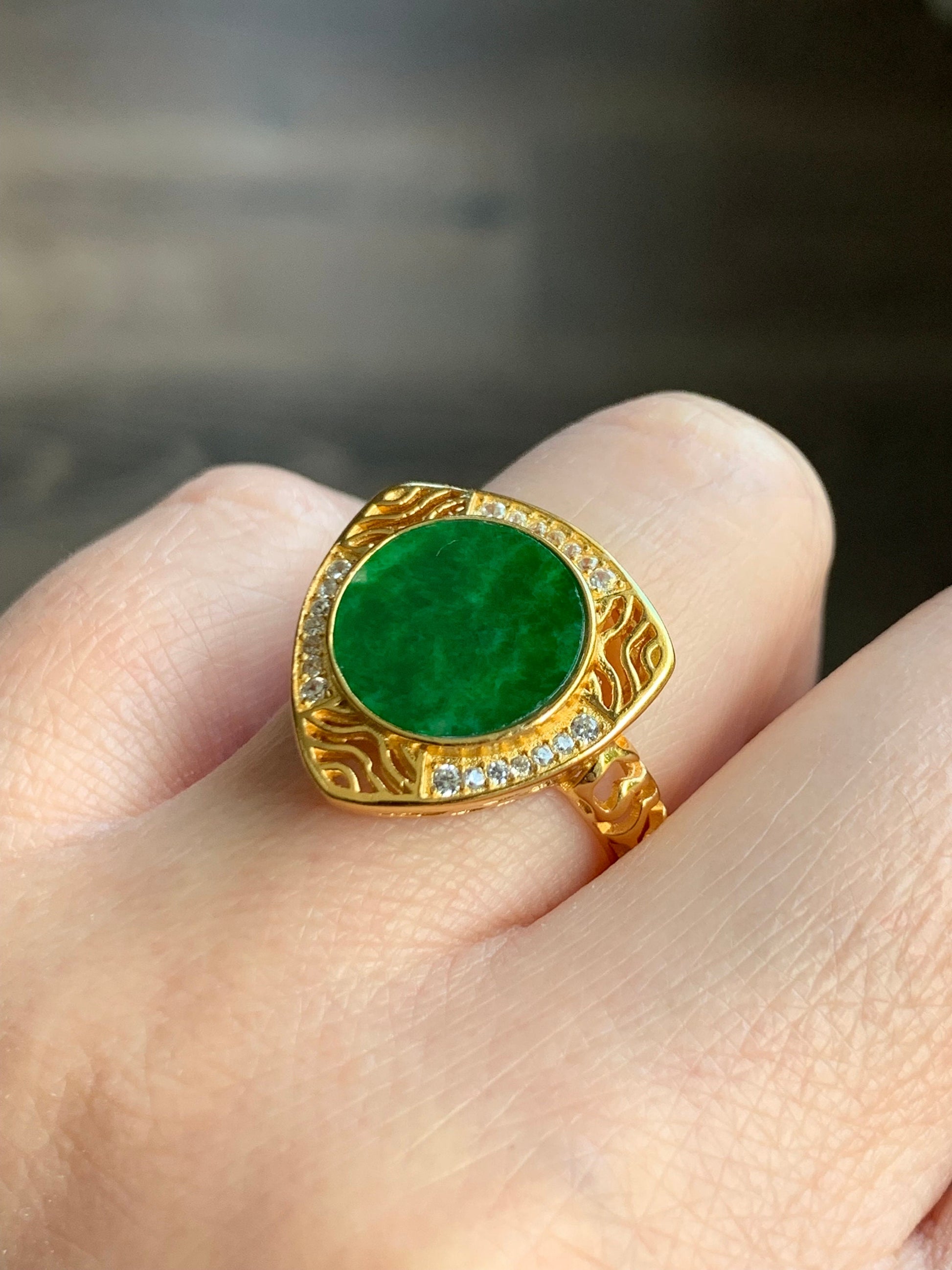 Natural Burmese Grade A Icy Translucent Vibrant Green Jadeite Triangle Ring S925 Sterling Silver Size 8 Adjustable 5g 天然缅甸阳绿花青翡翠银镶戒指 HQ150