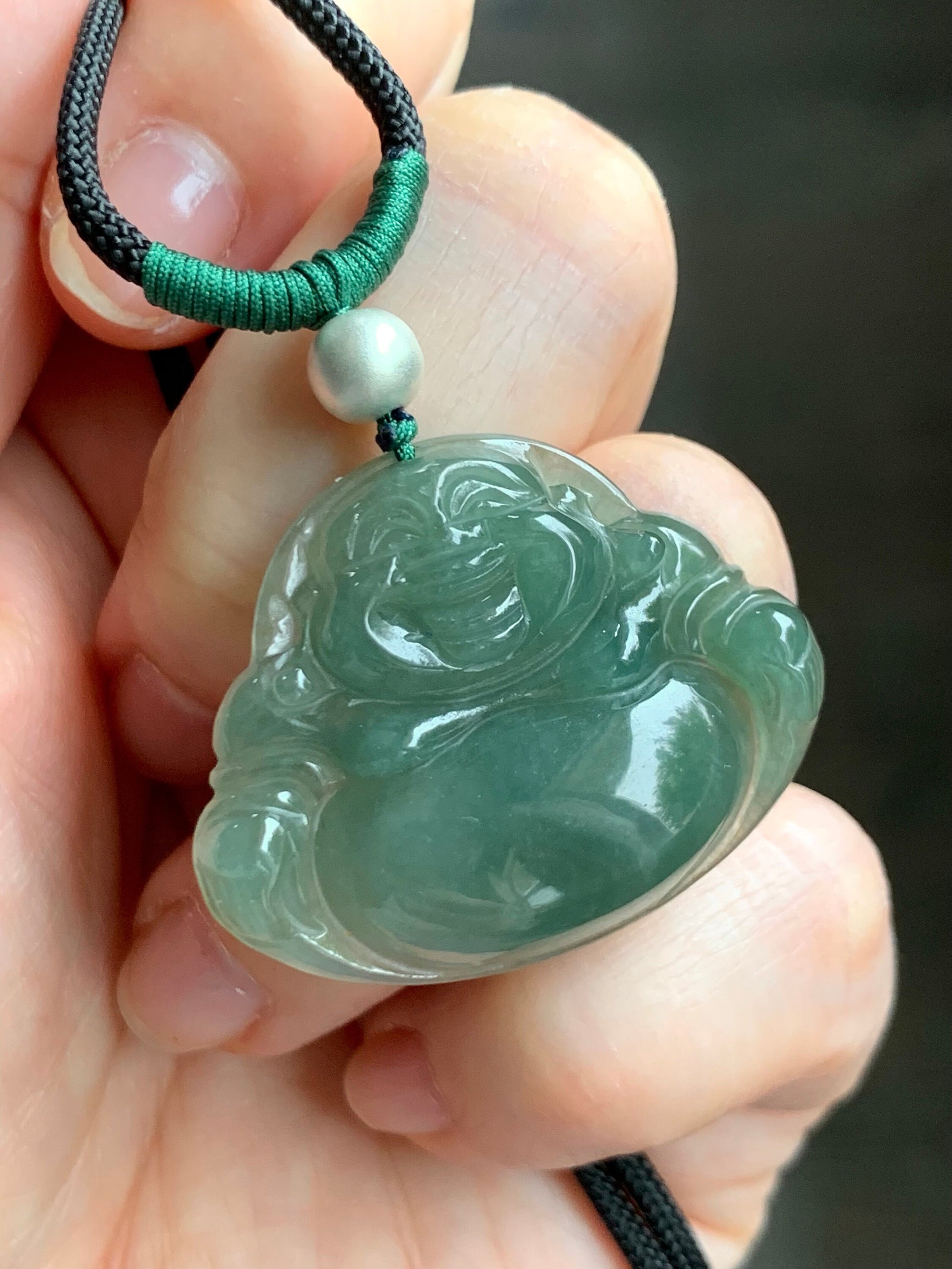 Natural Burmese Icy Translucent Gelatinous Dark "Tea" Green Jadeite Buddha Pendant Rope Necklace Sterling Silver 28” 天然缅甸老油青翡翠佛公吊坠 LYQ225D