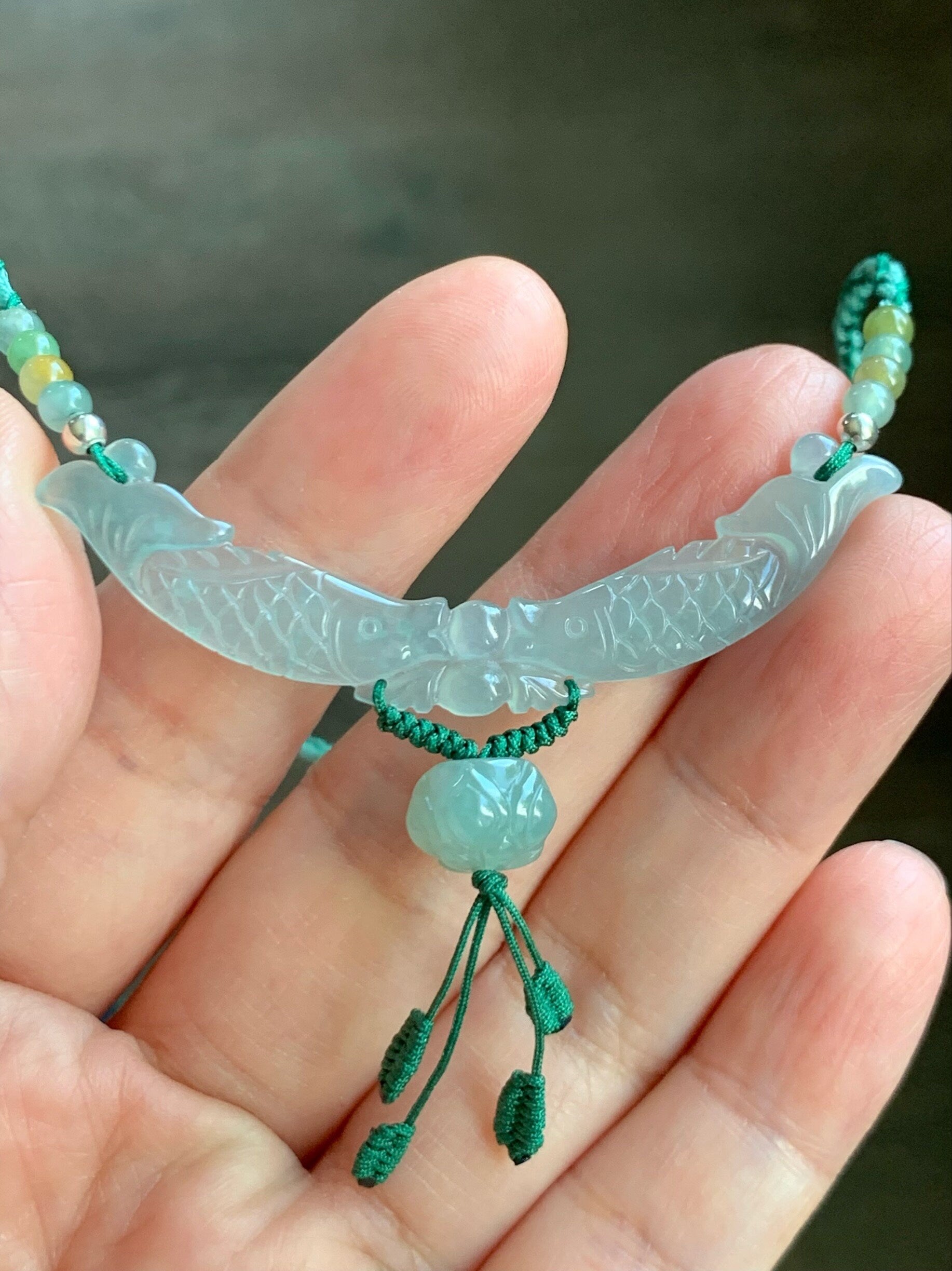 Natural Burmese Icy Translucent Gelatinous Light Green Jadeite Double Fish Lotus Flower Pendant Rope Necklace S925 Silver 天然缅甸高冰胶晴底翡翠双鱼玉横锁骨链