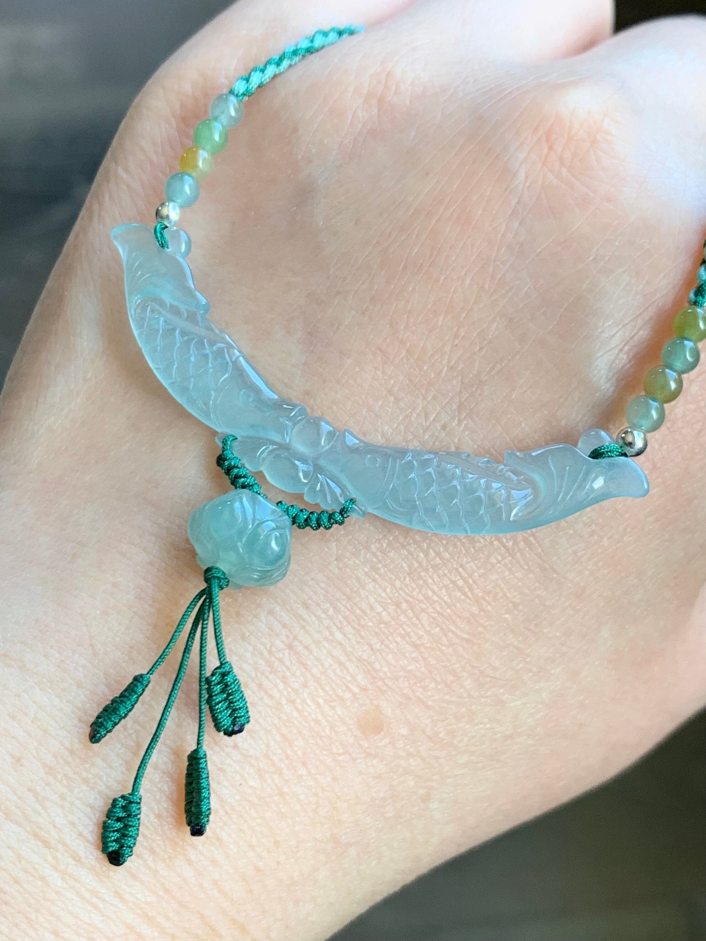 Natural Burmese Icy Translucent Gelatinous Light Green Jadeite Double Fish Lotus Flower Pendant Rope Necklace S925 Silver 天然缅甸高冰胶晴底翡翠双鱼玉横锁骨链