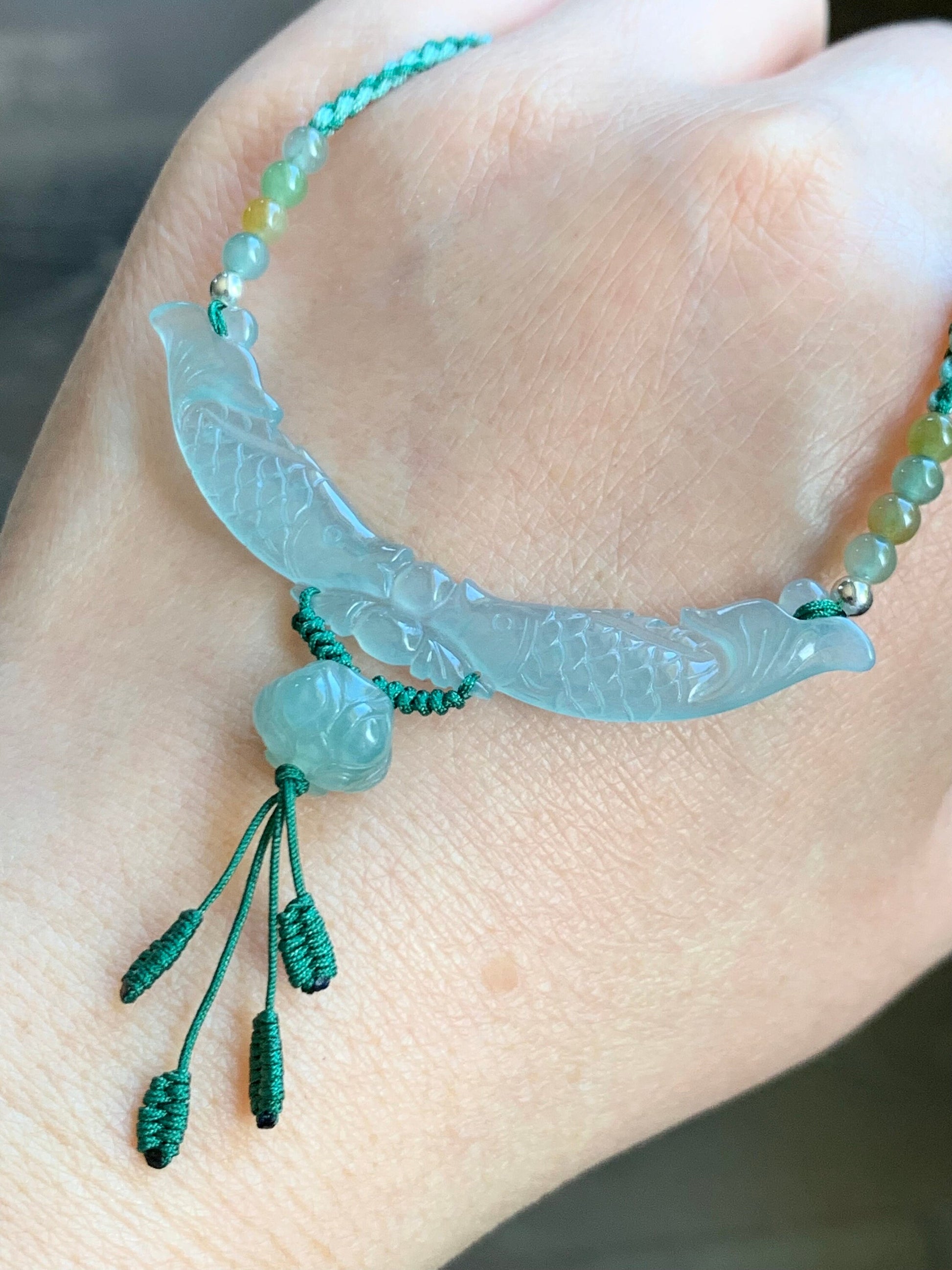 Natural Burmese Icy Translucent Gelatinous Light Green Jadeite Double Fish Lotus Flower Pendant Rope Necklace S925 Silver 天然缅甸高冰胶晴底翡翠双鱼玉横锁骨链