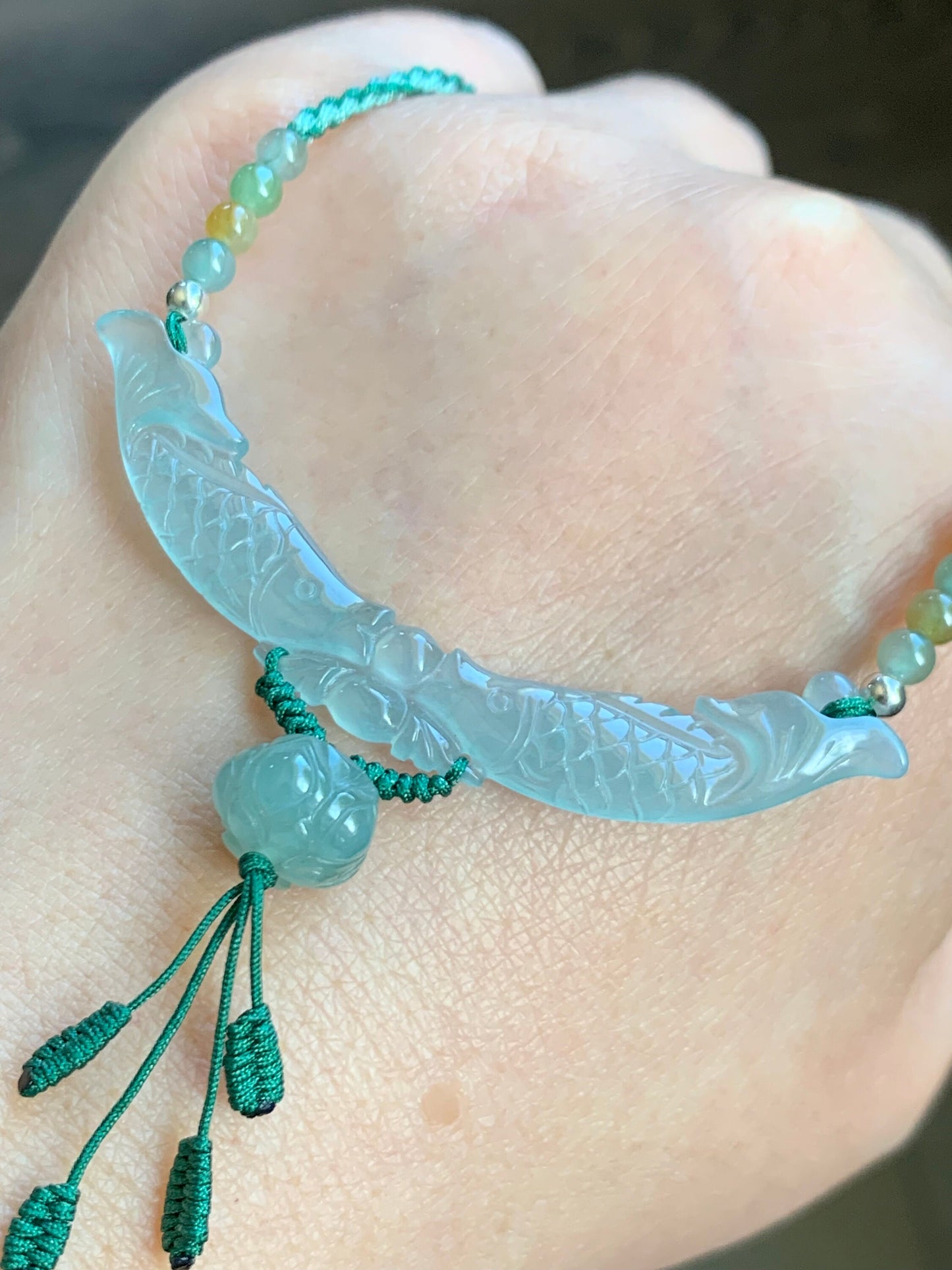 Natural Burmese Icy Translucent Gelatinous Light Green Jadeite Double Fish Lotus Flower Pendant Rope Necklace S925 Silver 天然缅甸高冰胶晴底翡翠双鱼玉横锁骨链
