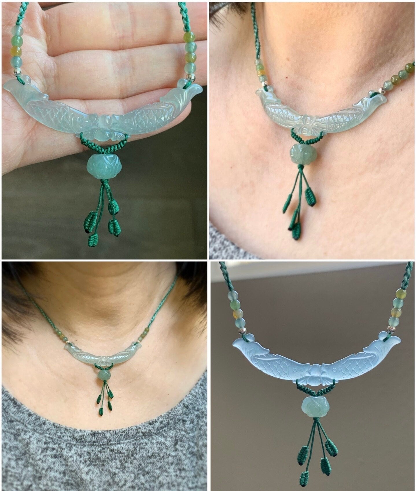 Natural Burmese Icy Translucent Gelatinous Light Green Jadeite Double Fish Lotus Flower Pendant Rope Necklace S925 Silver 天然缅甸高冰胶晴底翡翠双鱼玉横锁骨链