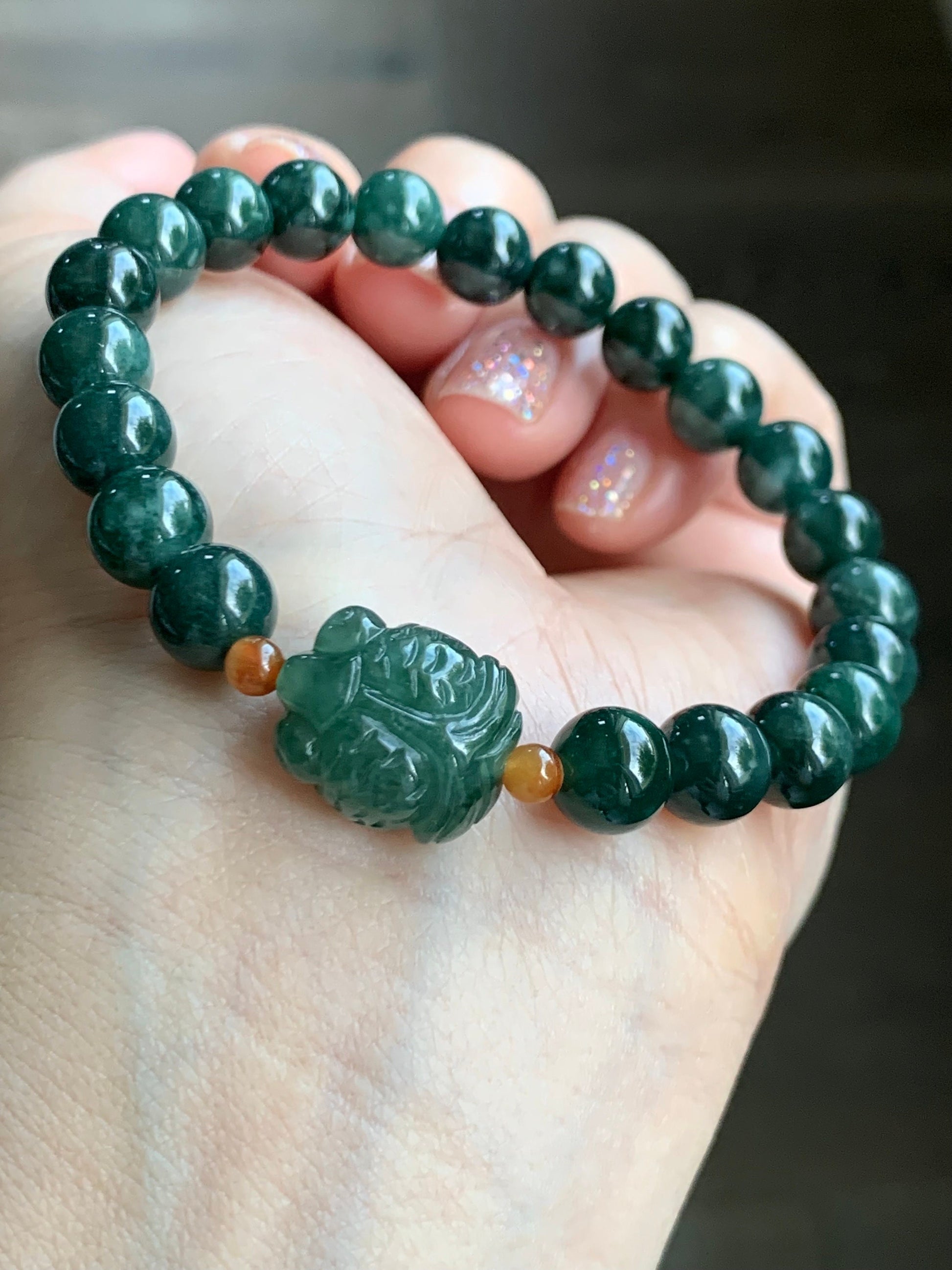 Natural Guatemalan Translucent Dark Teal Green jadeite Burmese Icy Green Marbled Jadeite Goldfish Beaded Bracelet 6.75” 天然缅甸冰飘花翡翠金鱼冰危深绿圆珠手串