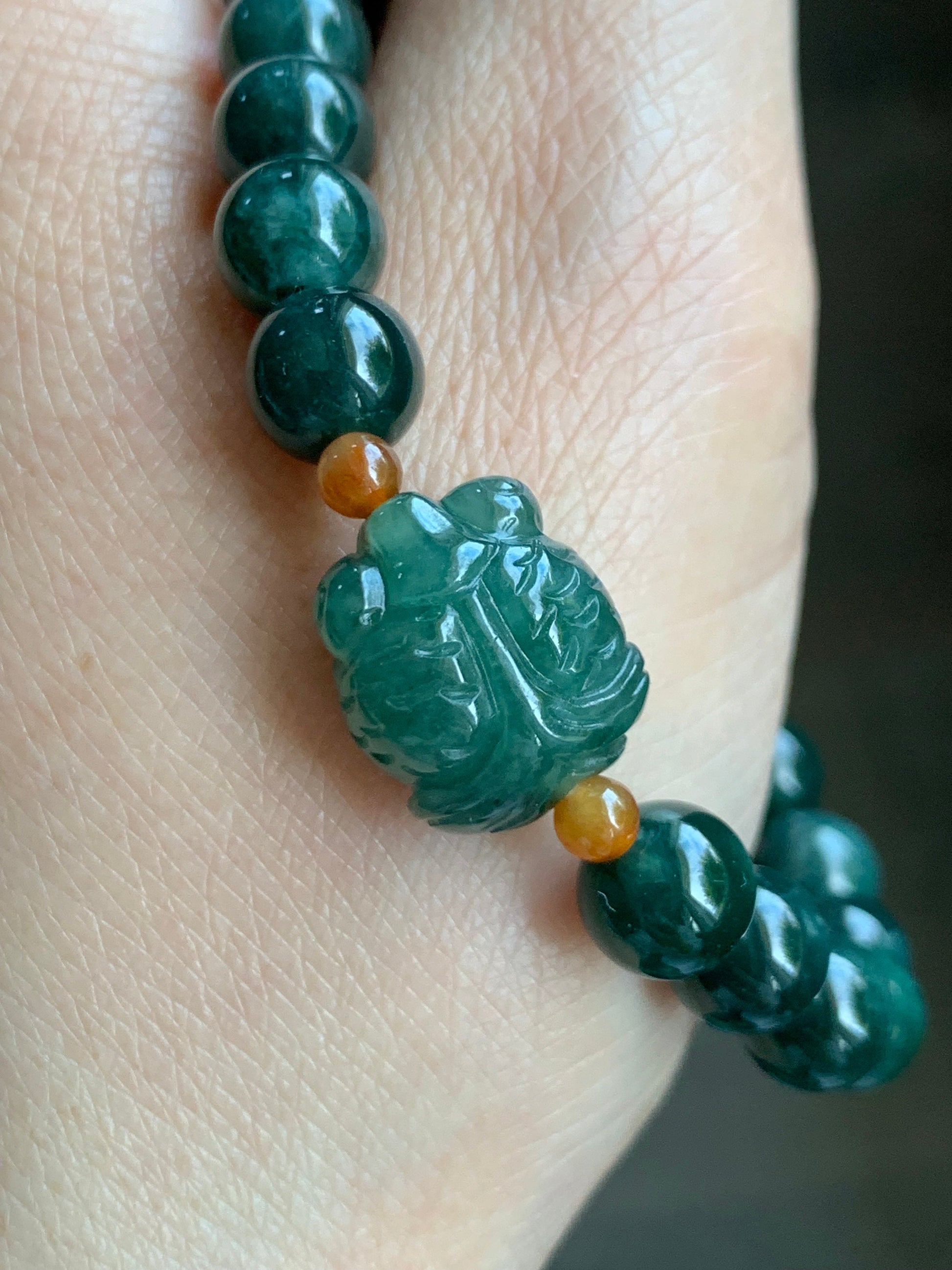 Natural Guatemalan Translucent Dark Teal Green jadeite Burmese Icy Green Marbled Jadeite Goldfish Beaded Bracelet 6.75” 天然缅甸冰飘花翡翠金鱼冰危深绿圆珠手串