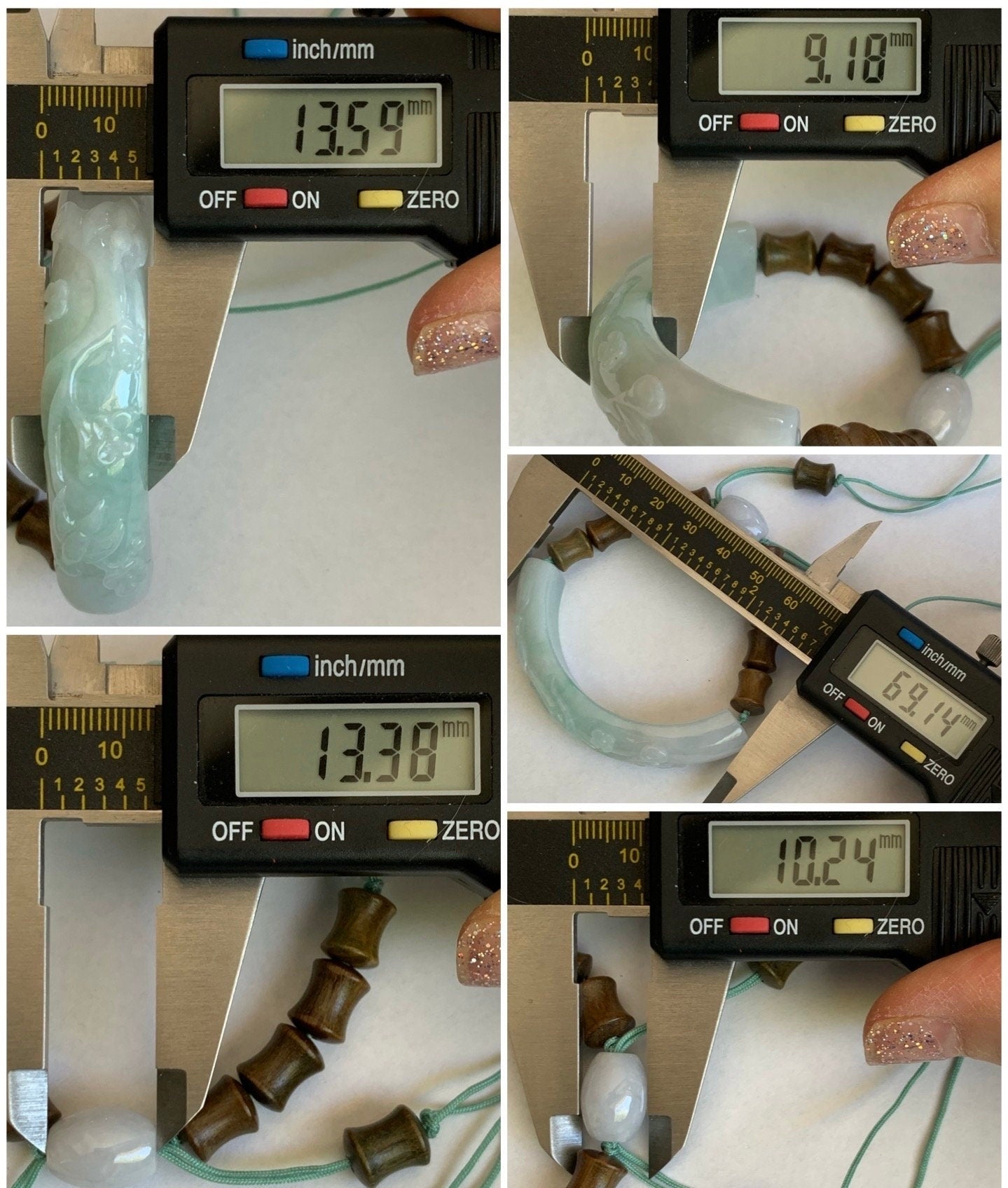 Certified Natural Burmese Translucent Green Marbled Jadeite Half Bangle Green Sandalwood Bamboo Beads Beaded Bracelet 天然缅甸翡翠雕花半镯喜上眉梢竹节手串 275