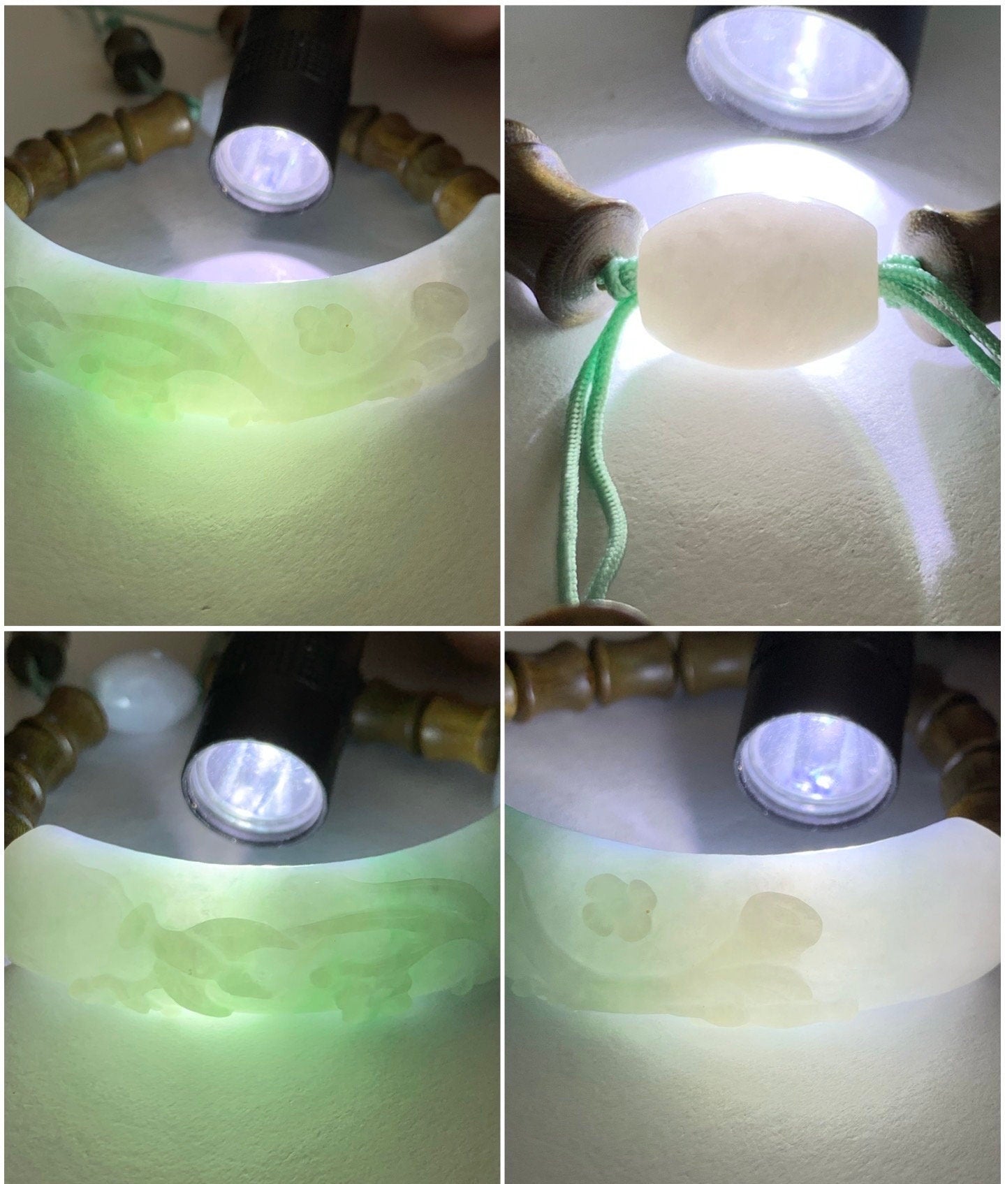 Certified Natural Burmese Translucent Green Marbled Jadeite Half Bangle Green Sandalwood Bamboo Beads Beaded Bracelet 天然缅甸翡翠雕花半镯喜上眉梢竹节手串 275