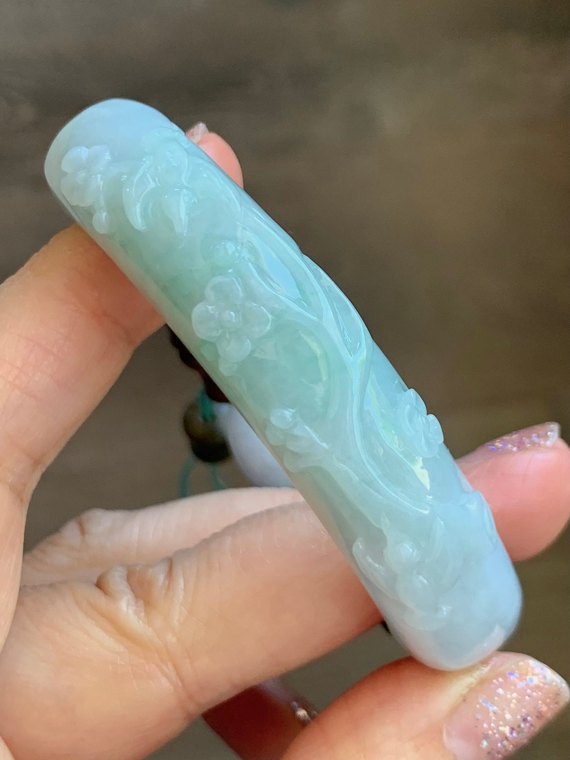 Certified Natural Burmese Translucent Green Marbled Jadeite Half Bangle Green Sandalwood Bamboo Beads Beaded Bracelet 天然缅甸翡翠雕花半镯喜上眉梢竹节手串 275