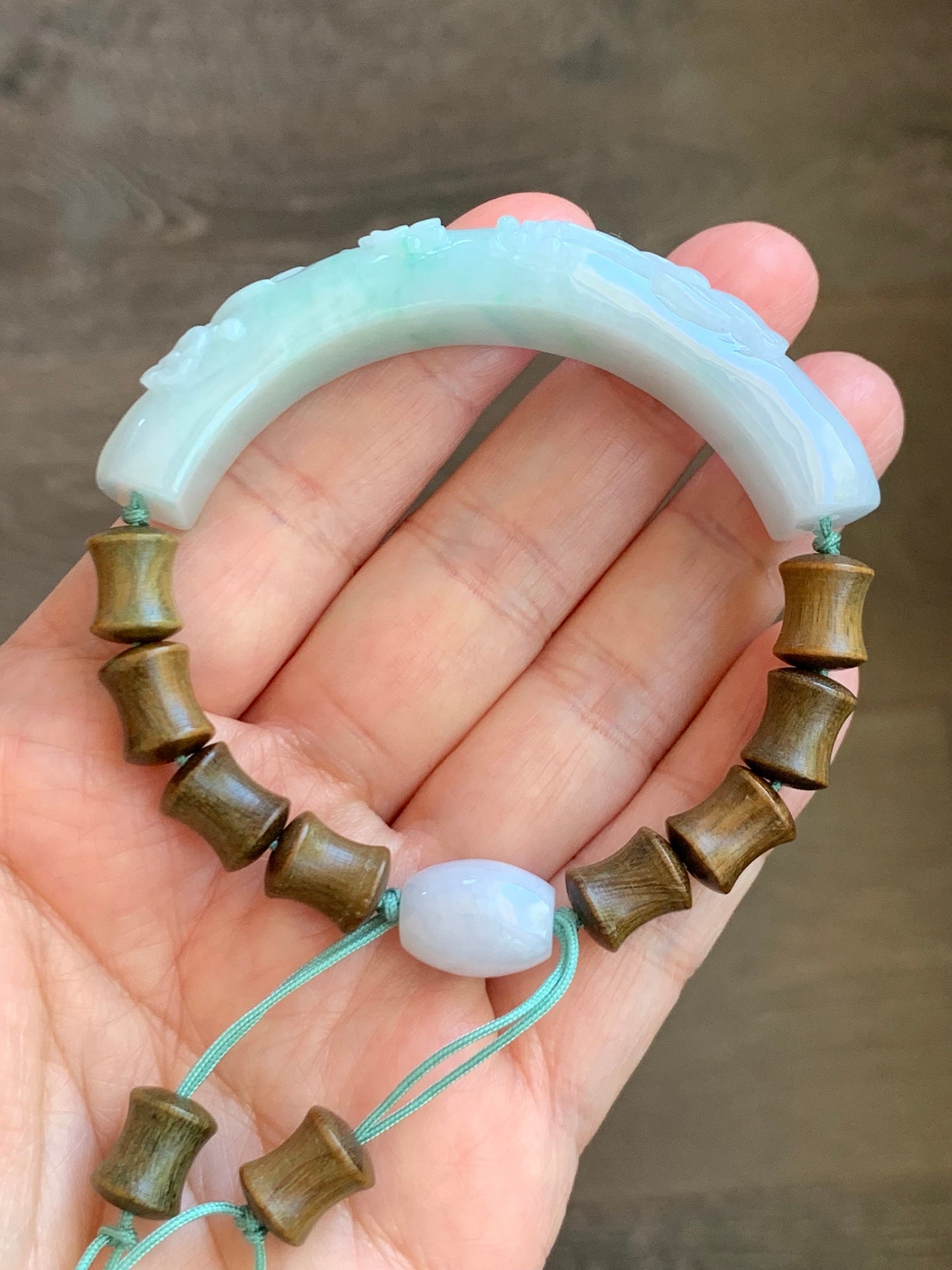 Certified Natural Burmese Translucent Green Marbled Jadeite Half Bangle Green Sandalwood Bamboo Beads Beaded Bracelet 天然缅甸翡翠雕花半镯喜上眉梢竹节手串 275