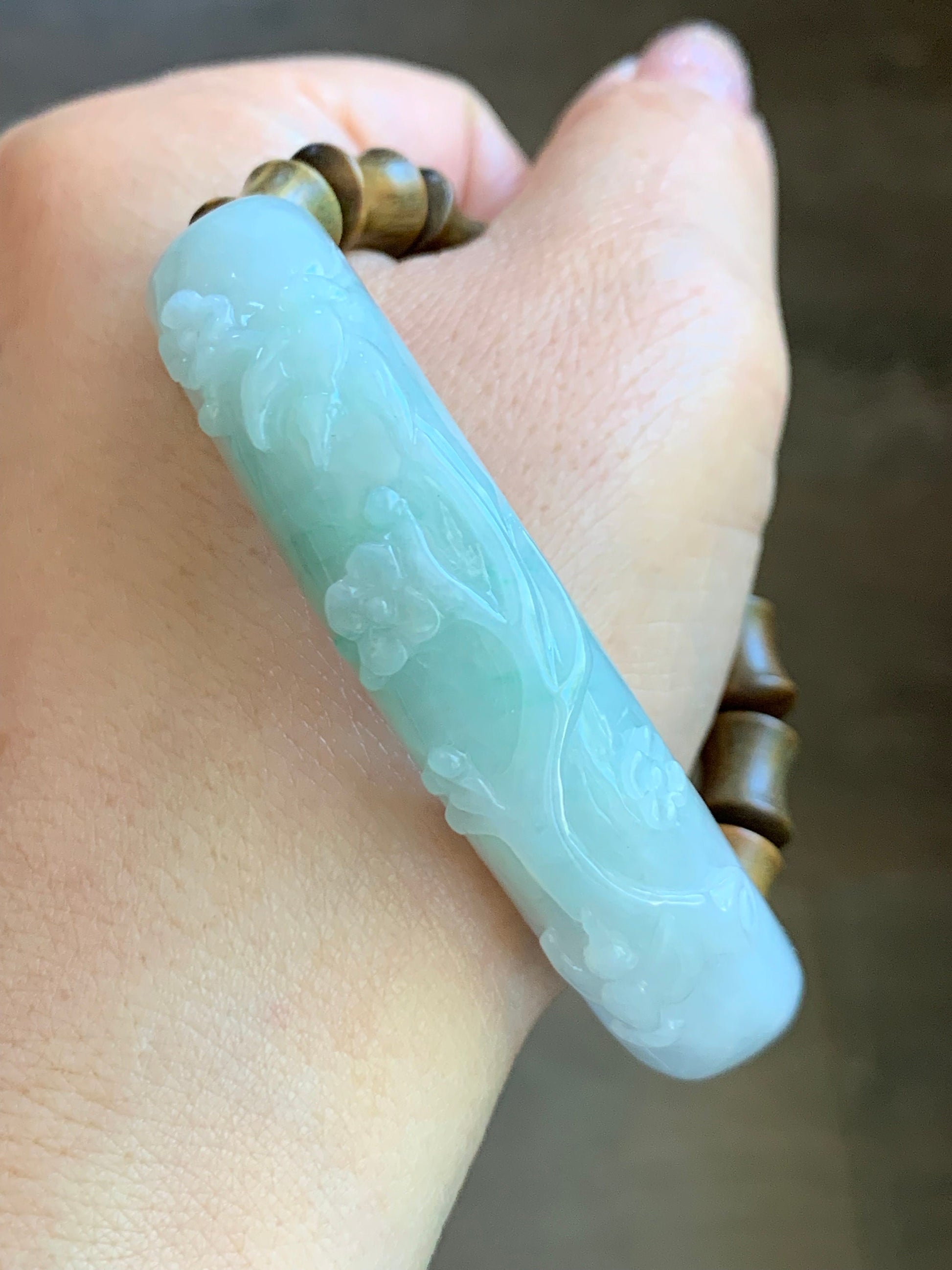 Certified Natural Burmese Translucent Green Marbled Jadeite Half Bangle Green Sandalwood Bamboo Beads Beaded Bracelet 天然缅甸翡翠雕花半镯喜上眉梢竹节手串 275