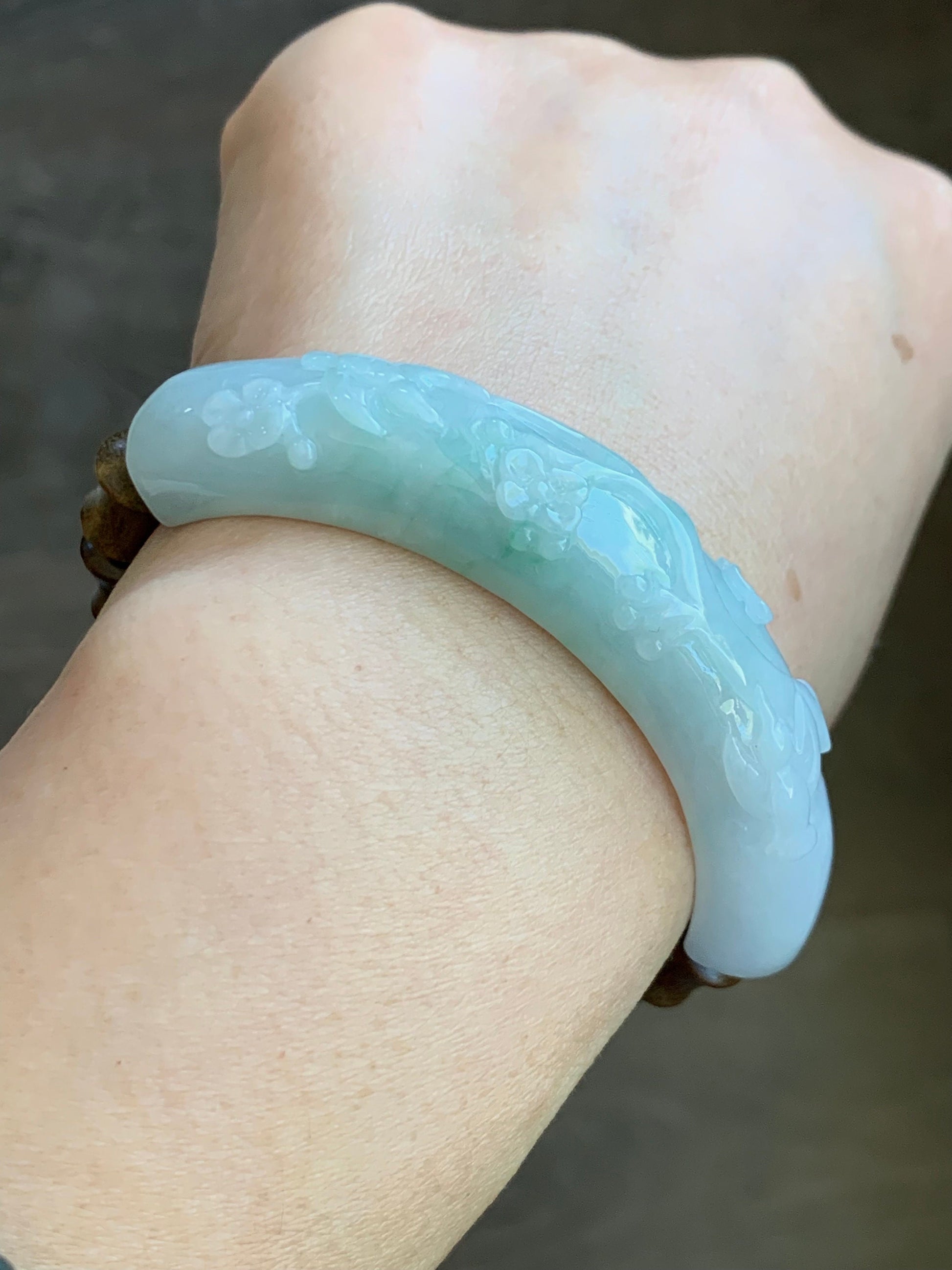 Certified Natural Burmese Translucent Green Marbled Jadeite Half Bangle Green Sandalwood Bamboo Beads Beaded Bracelet 天然缅甸翡翠雕花半镯喜上眉梢竹节手串 275