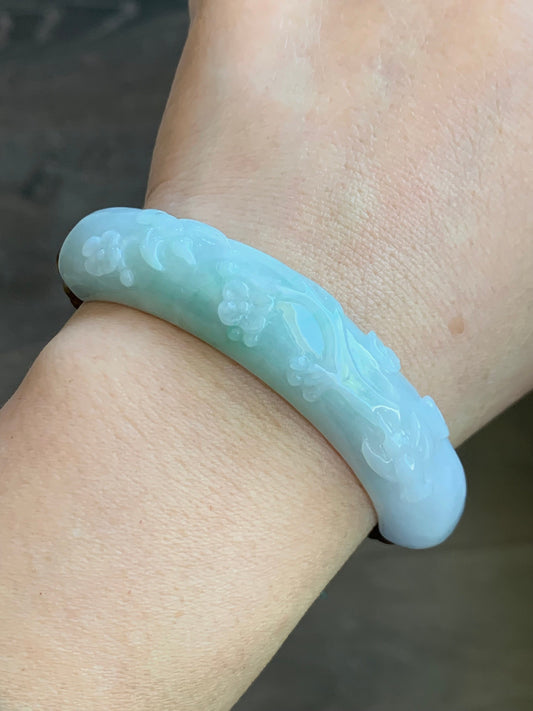 Certified Natural Burmese Translucent Green Marbled Jadeite Half Bangle Green Sandalwood Bamboo Beads Beaded Bracelet 天然缅甸翡翠雕花半镯喜上眉梢竹节手串 275