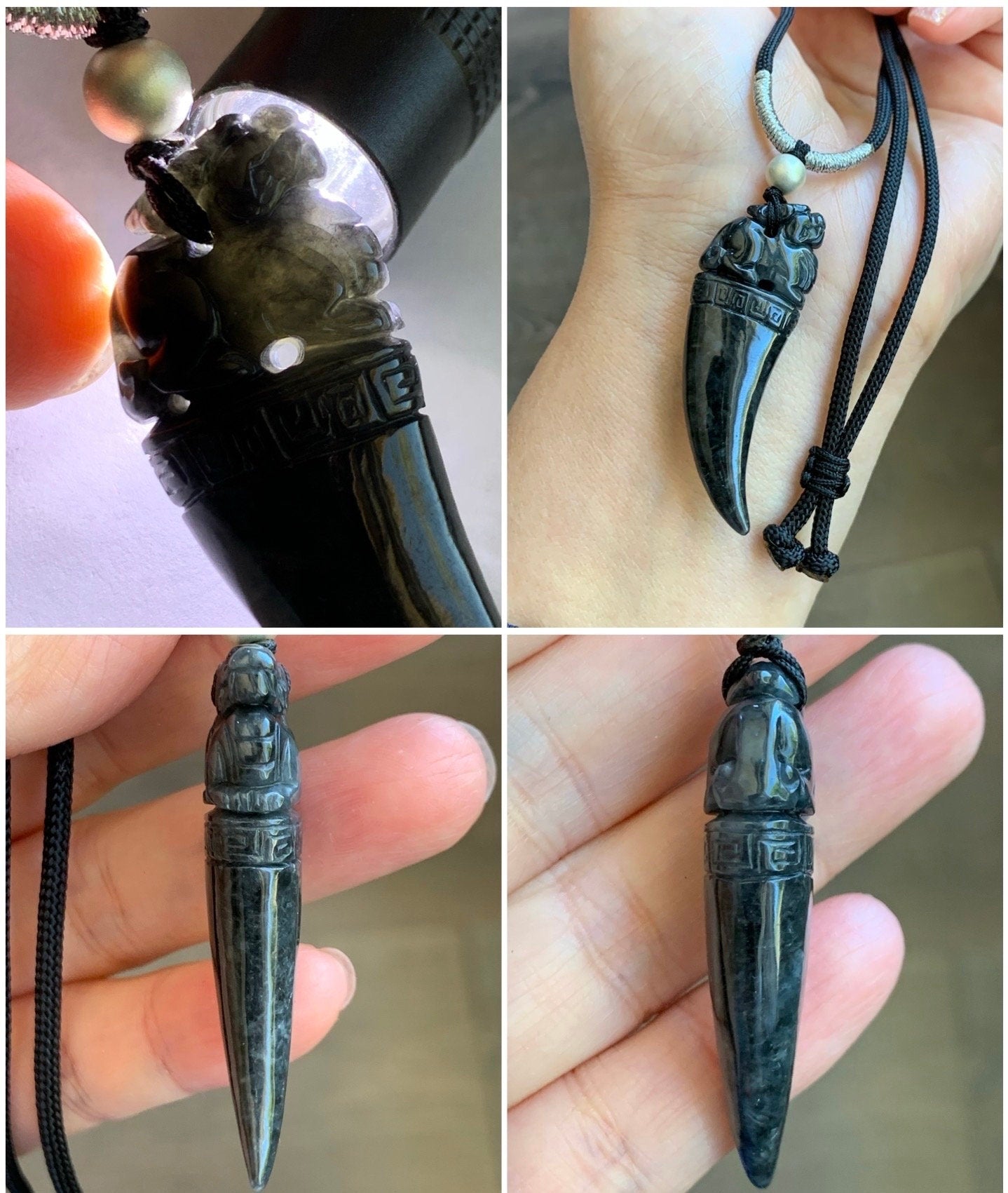 Natural Burmese Semi Translucent Dark Wuji Jadeite Carved Pixiu Tooth Pendant Rope Necklace Sterling Silver 26" Adjustable 12g 天然缅甸乌鸡翡翠貔貅牙吊坠