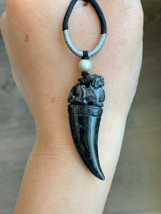 Natural Burmese Semi Translucent Dark Wuji Jadeite Carved Pixiu Tooth Pendant Rope Necklace Sterling Silver 26" Adjustable 12g 天然缅甸乌鸡翡翠貔貅牙吊坠