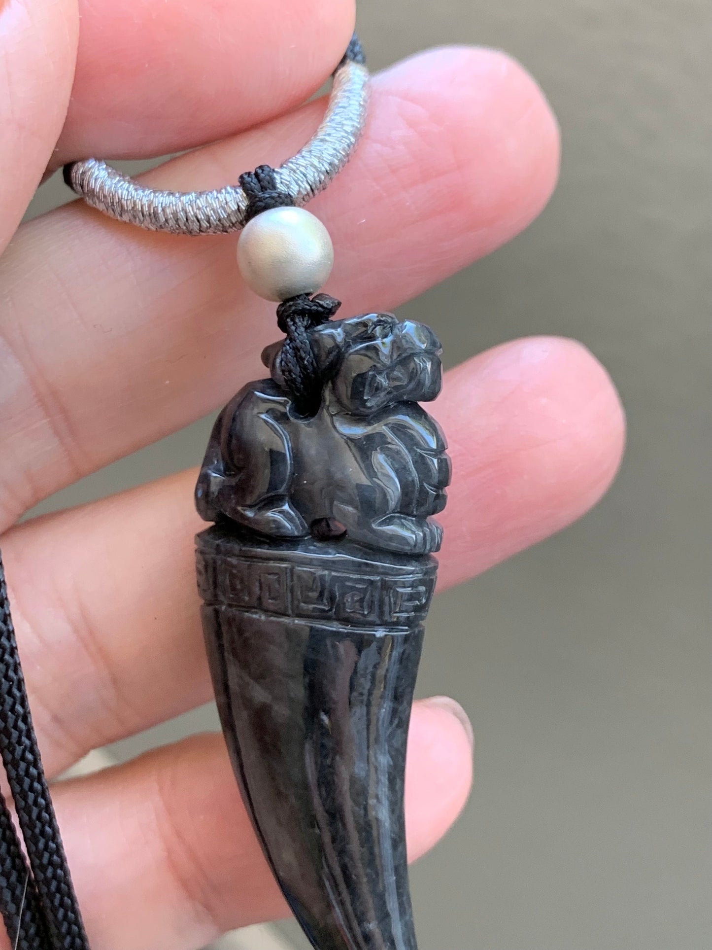 Natural Burmese Semi Translucent Dark Wuji Jadeite Carved Pixiu Tooth Pendant Rope Necklace Sterling Silver 26" Adjustable 12g 天然缅甸乌鸡翡翠貔貅牙吊坠