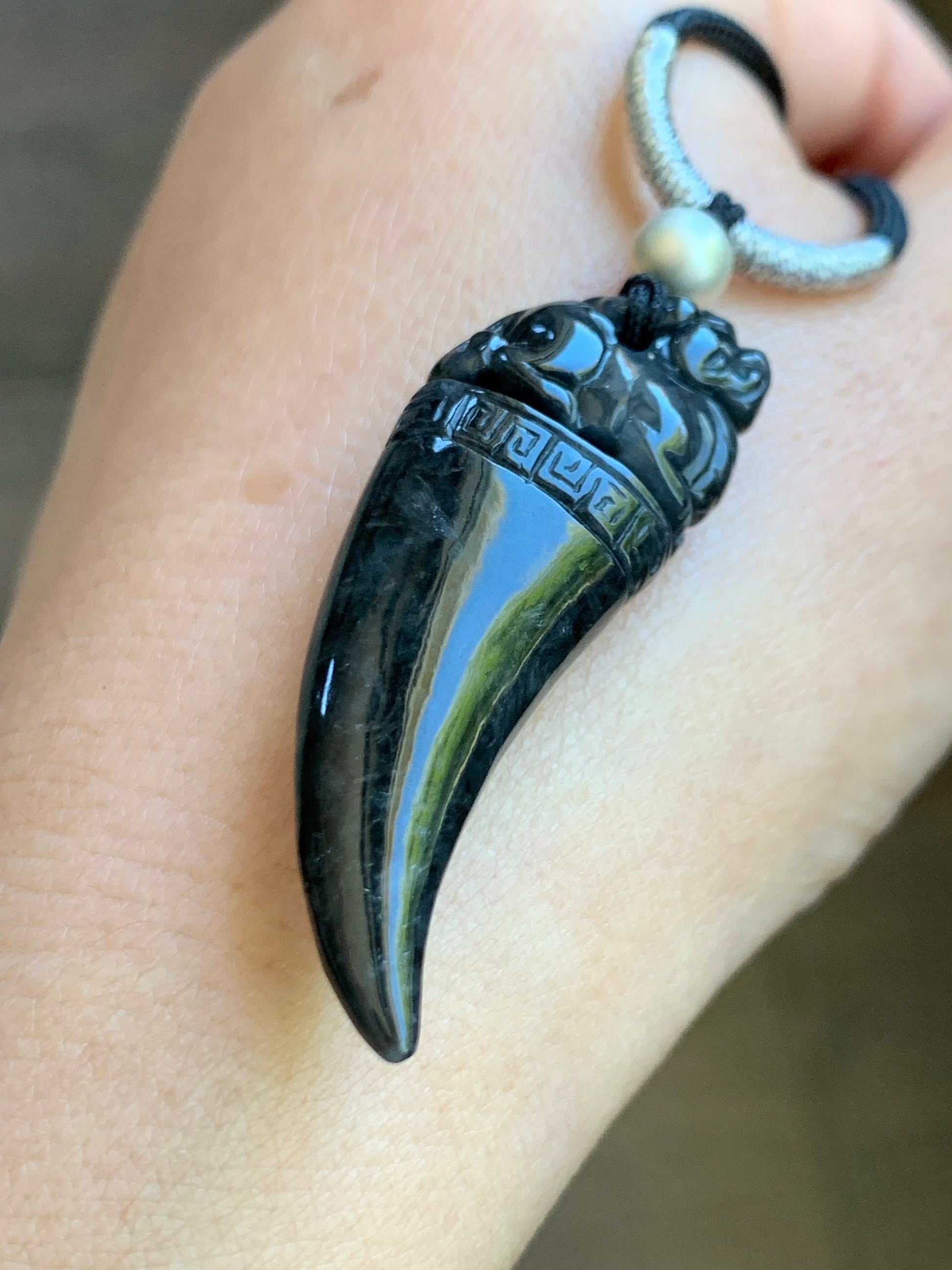 Natural Burmese Semi Translucent Dark Wuji Jadeite Carved Pixiu Tooth Pendant Rope Necklace Sterling Silver 26" Adjustable 12g 天然缅甸乌鸡翡翠貔貅牙吊坠