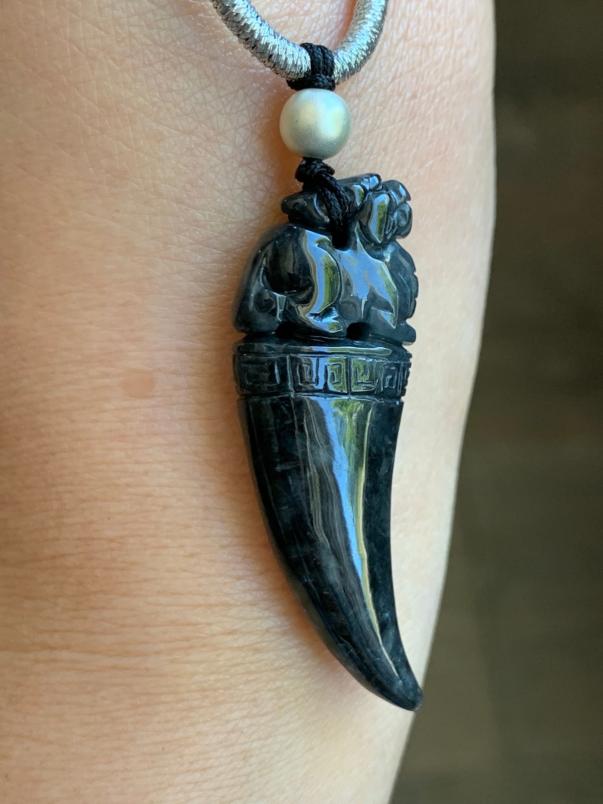 Natural Burmese Semi Translucent Dark Wuji Jadeite Carved Pixiu Tooth Pendant Rope Necklace Sterling Silver 26" Adjustable 12g 天然缅甸乌鸡翡翠貔貅牙吊坠