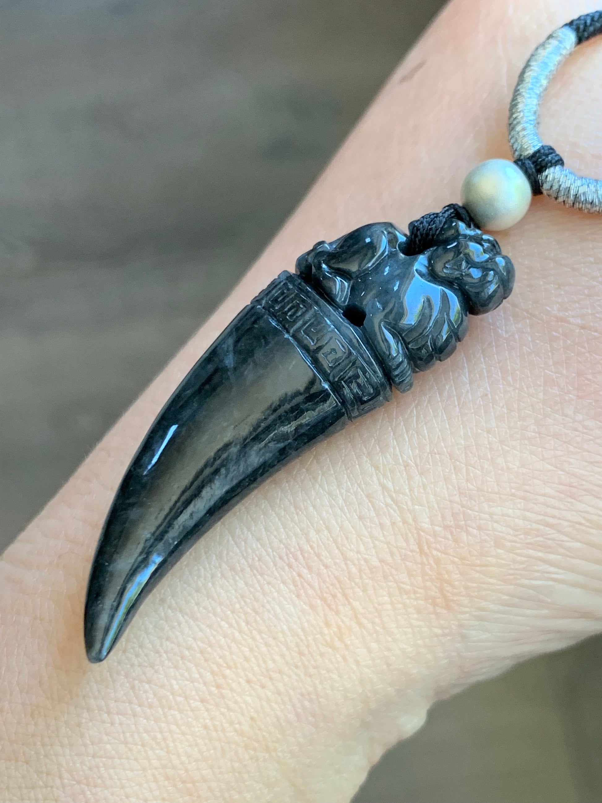 Natural Burmese Semi Translucent Dark Wuji Jadeite Carved Pixiu Tooth Pendant Rope Necklace Sterling Silver 26" Adjustable 12g 天然缅甸乌鸡翡翠貔貅牙吊坠