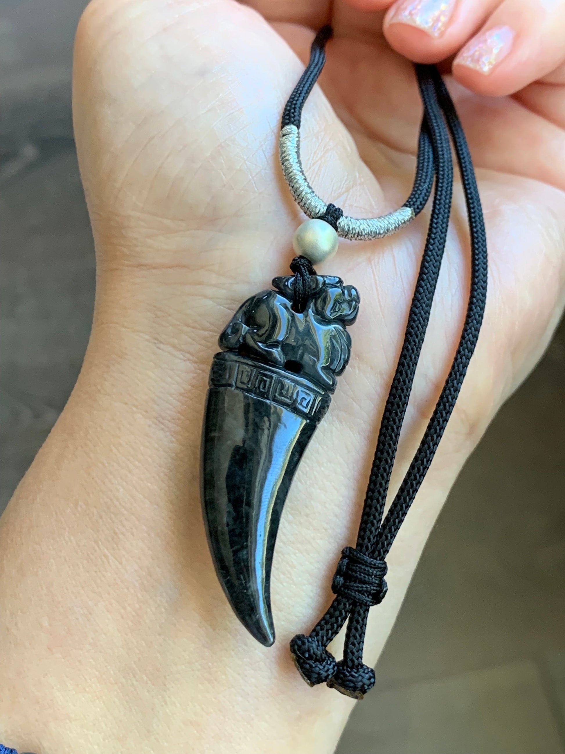 Natural Burmese Semi Translucent Dark Wuji Jadeite Carved Pixiu Tooth Pendant Rope Necklace Sterling Silver 26" Adjustable 12g 天然缅甸乌鸡翡翠貔貅牙吊坠