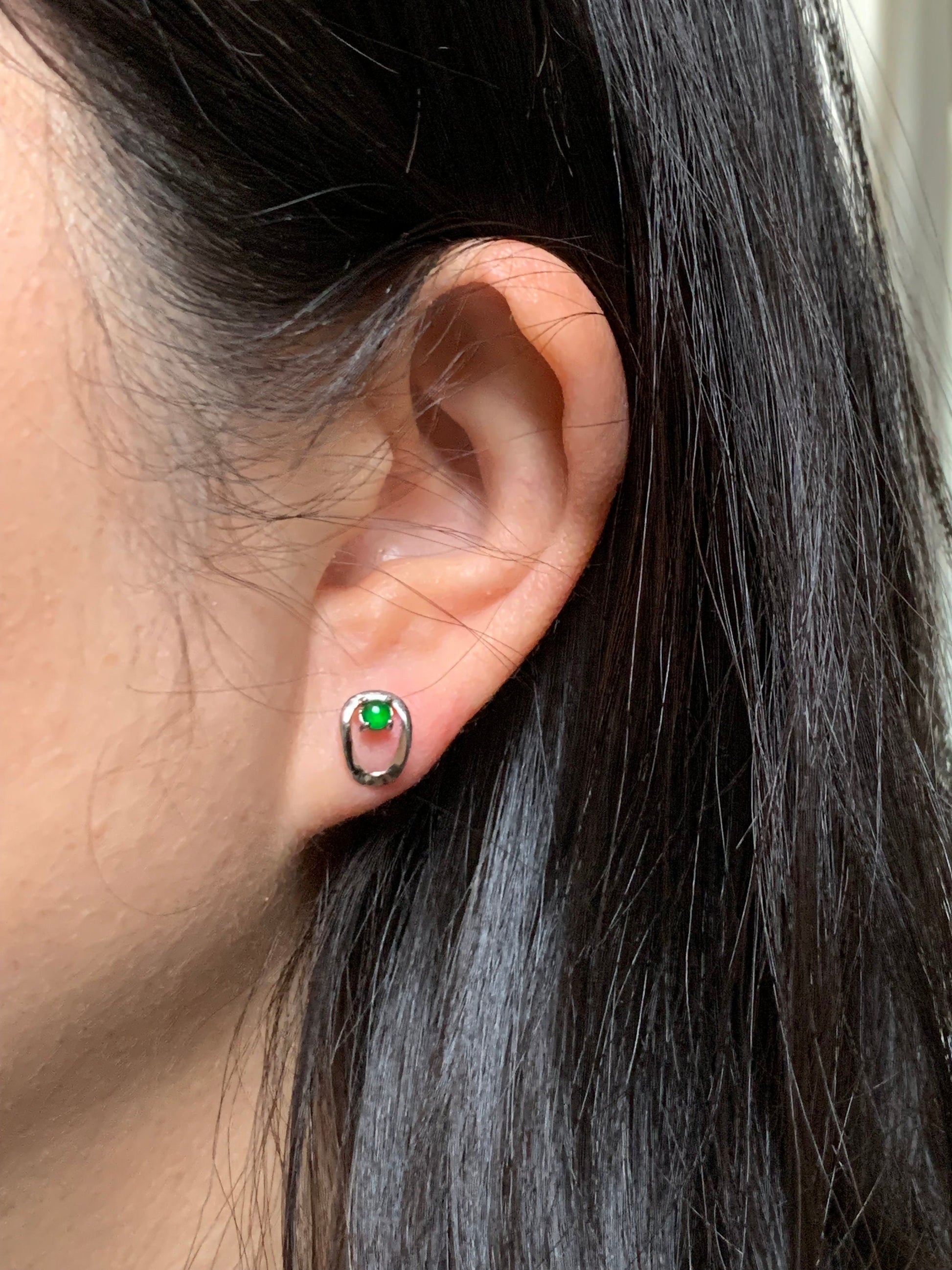 Petite Natural Guatemalan Icy Highly Translucent Vibrant Green Jadeite Stud Earrings S925 Silver Sterling 天然冰危绿翡翠银镶耳钉