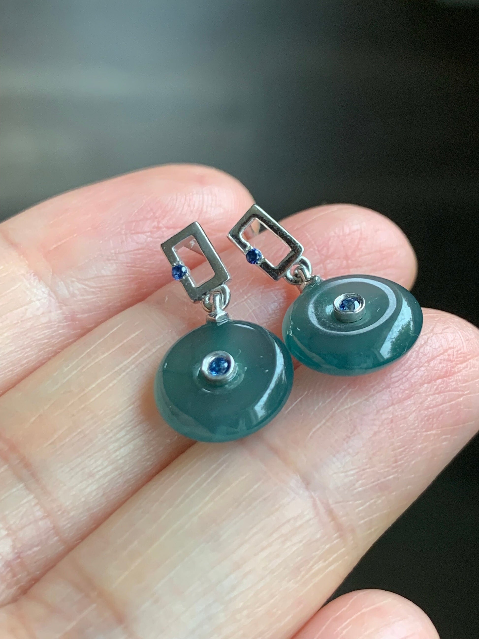 Certified Natural Guatemalan Icy Translucent Dark Teal Blue Jadeite Ping An Kou Blue Sapphire Earrings Sterling Silver 天然冰危蓝翡翠篮宝石平安扣耳钉 0377