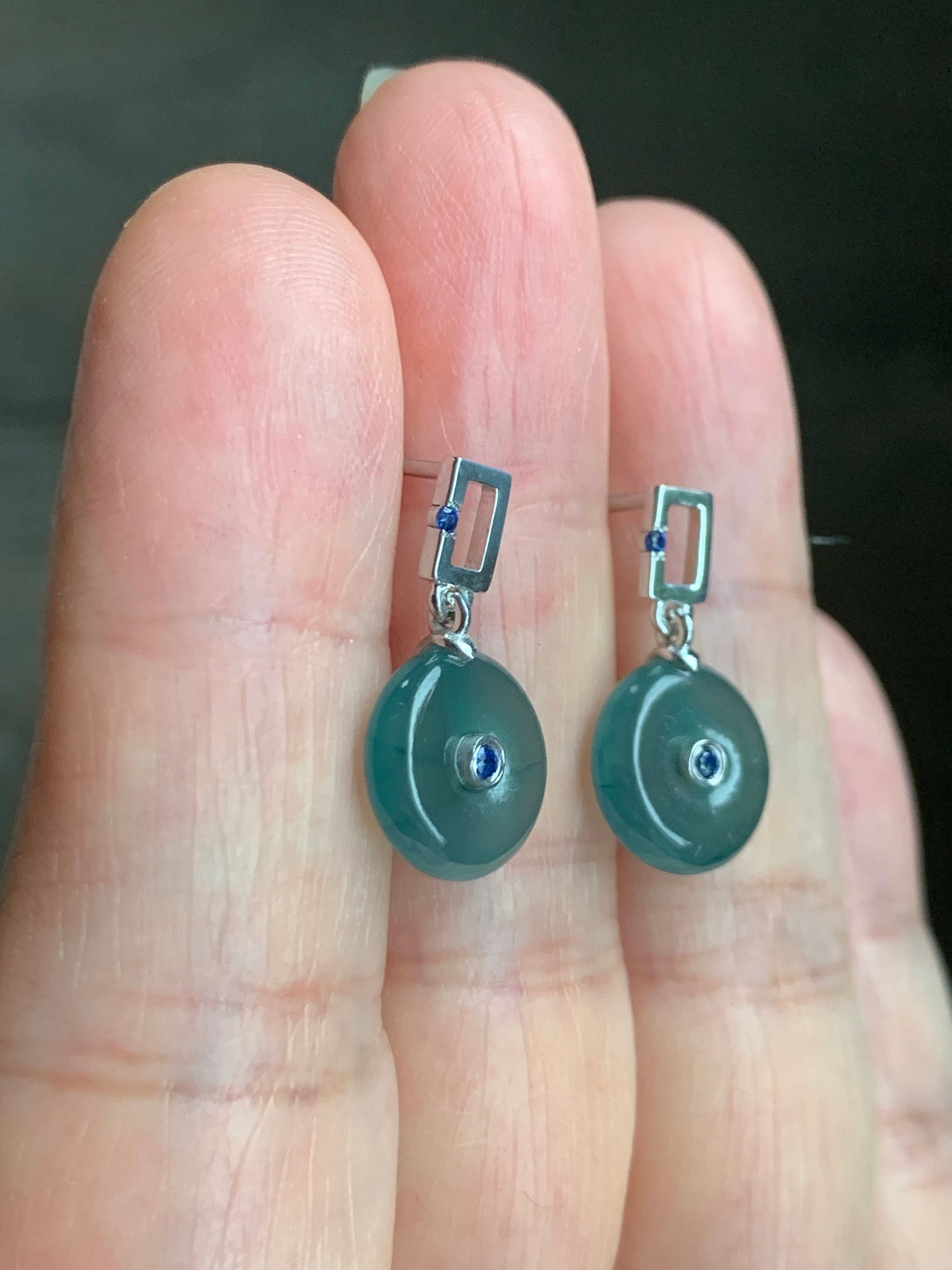 Certified Natural Guatemalan Icy Translucent Dark Teal Blue Jadeite Ping An Kou Blue Sapphire Earrings Sterling Silver 天然冰危蓝翡翠篮宝石平安扣耳钉 0377