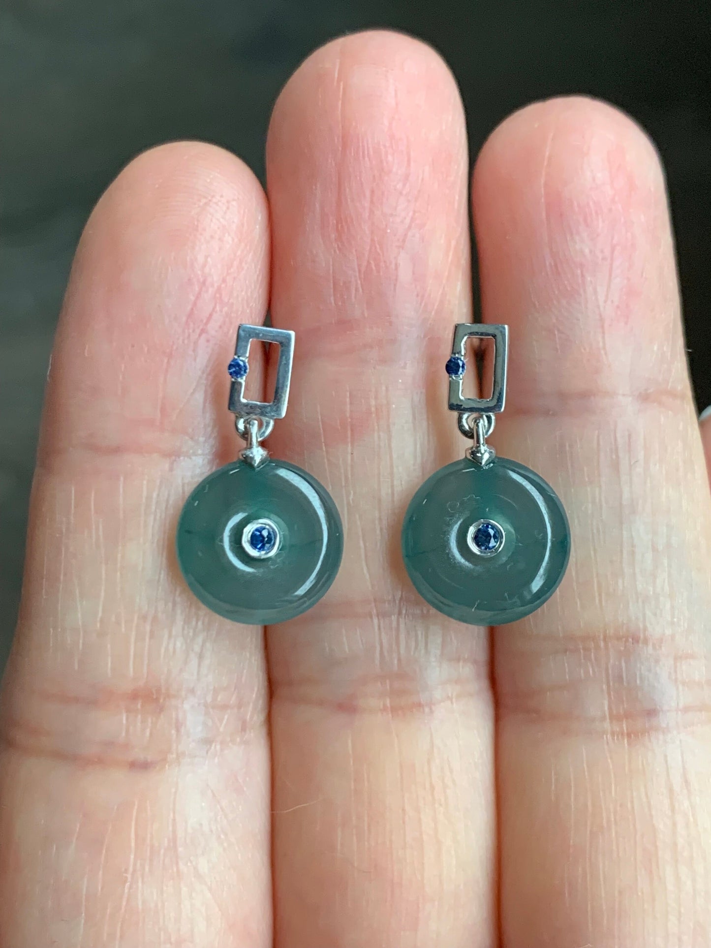 Certified Natural Guatemalan Icy Translucent Dark Teal Blue Jadeite Ping An Kou Blue Sapphire Earrings Sterling Silver 天然冰危蓝翡翠篮宝石平安扣耳钉 0377