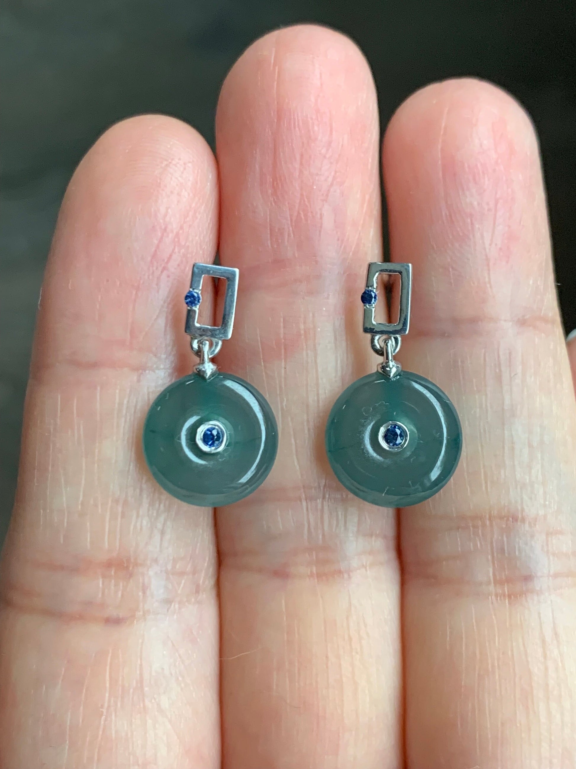 Certified Natural Guatemalan Icy Translucent Dark Teal Blue Jadeite Ping An Kou Blue Sapphire Earrings Sterling Silver 天然冰危蓝翡翠篮宝石平安扣耳钉 0377