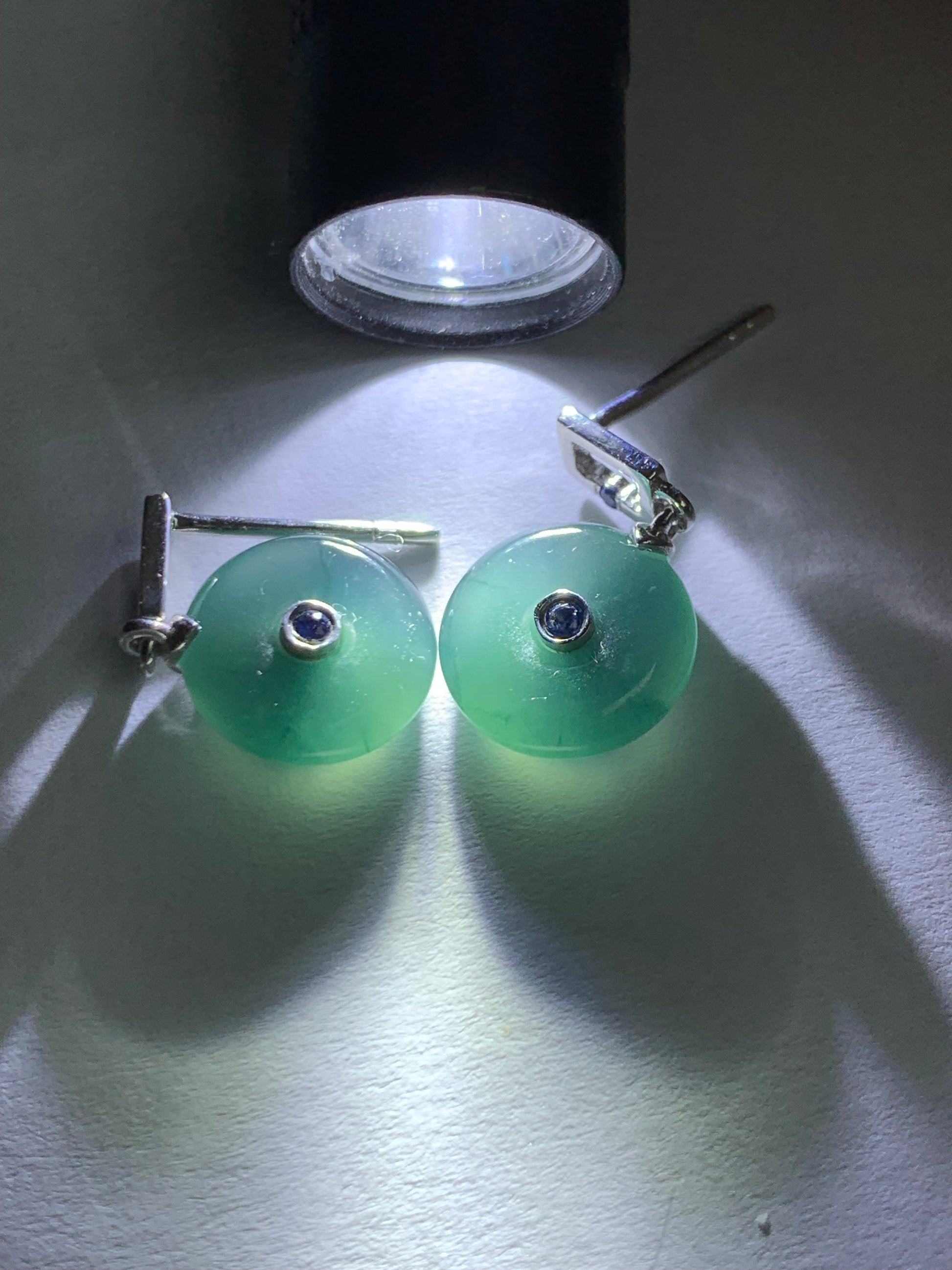 Certified Natural Guatemalan Icy Translucent Dark Teal Blue Jadeite Ping An Kou Blue Sapphire Earrings Sterling Silver 天然冰危蓝翡翠篮宝石平安扣耳钉 0377