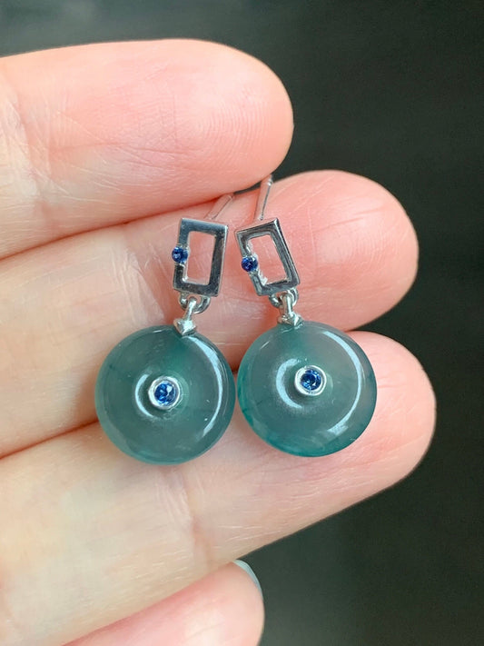 Certified Natural Guatemalan Icy Translucent Dark Teal Blue Jadeite Ping An Kou Blue Sapphire Earrings Sterling Silver 天然冰危蓝翡翠篮宝石平安扣耳钉 0377