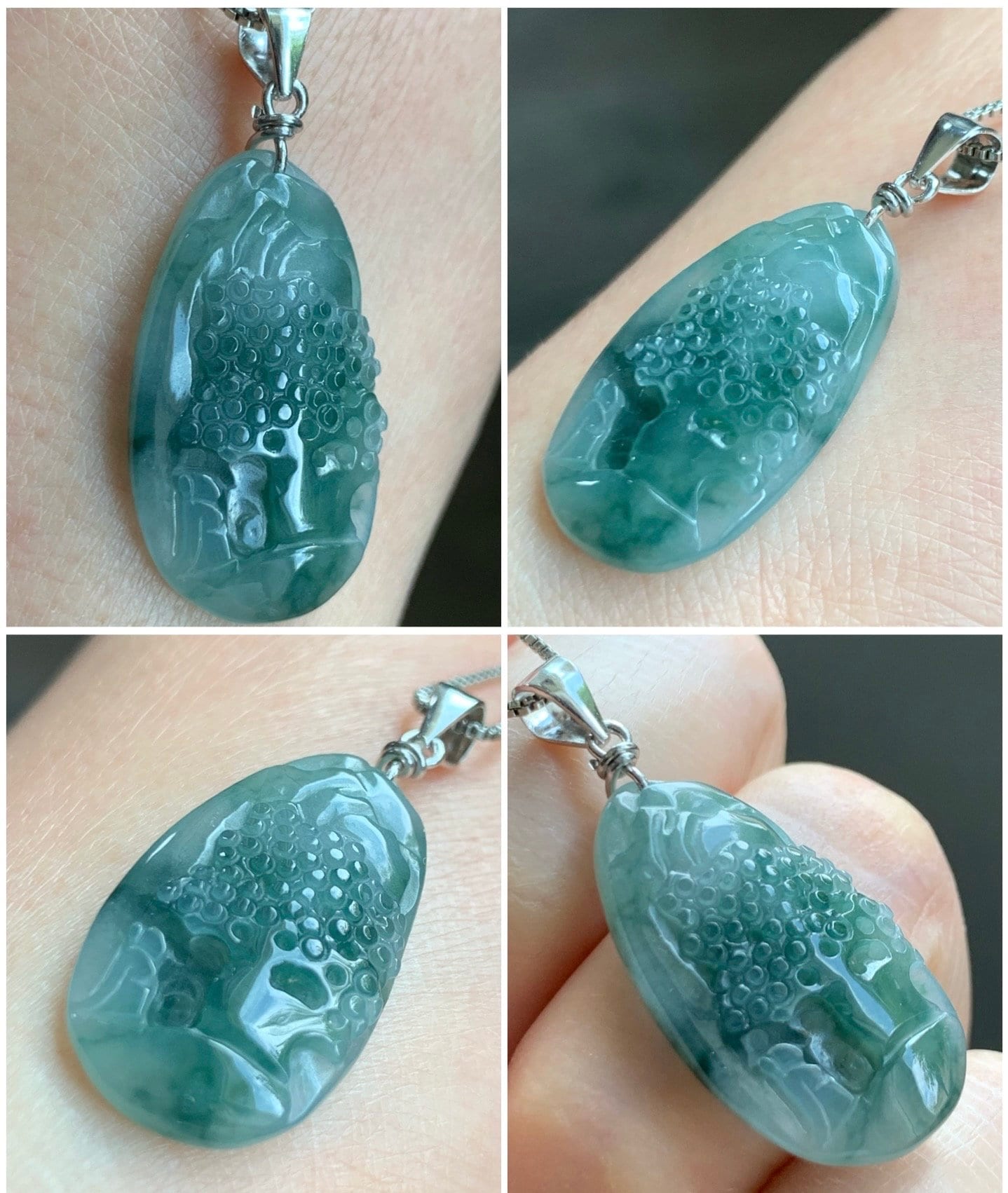 Natural Burmese Icy Translucent Gelatinous Teal Green Marbled Jadeite Shan Shui Pai Landscape Pendant Sterling Silver 4g 天然缅甸冰胶飘花翡翠山水牌吊坠