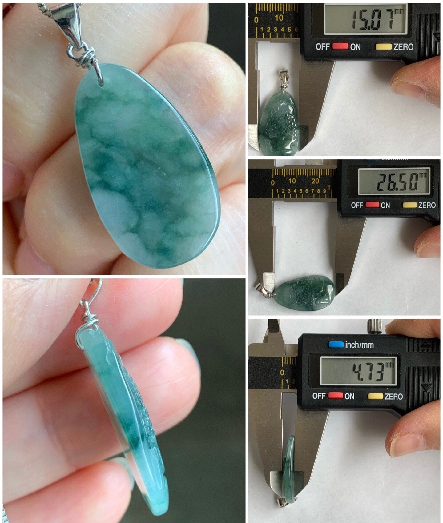 Natural Burmese Icy Translucent Gelatinous Teal Green Marbled Jadeite Shan Shui Pai Landscape Pendant Sterling Silver 4g 天然缅甸冰胶飘花翡翠山水牌吊坠